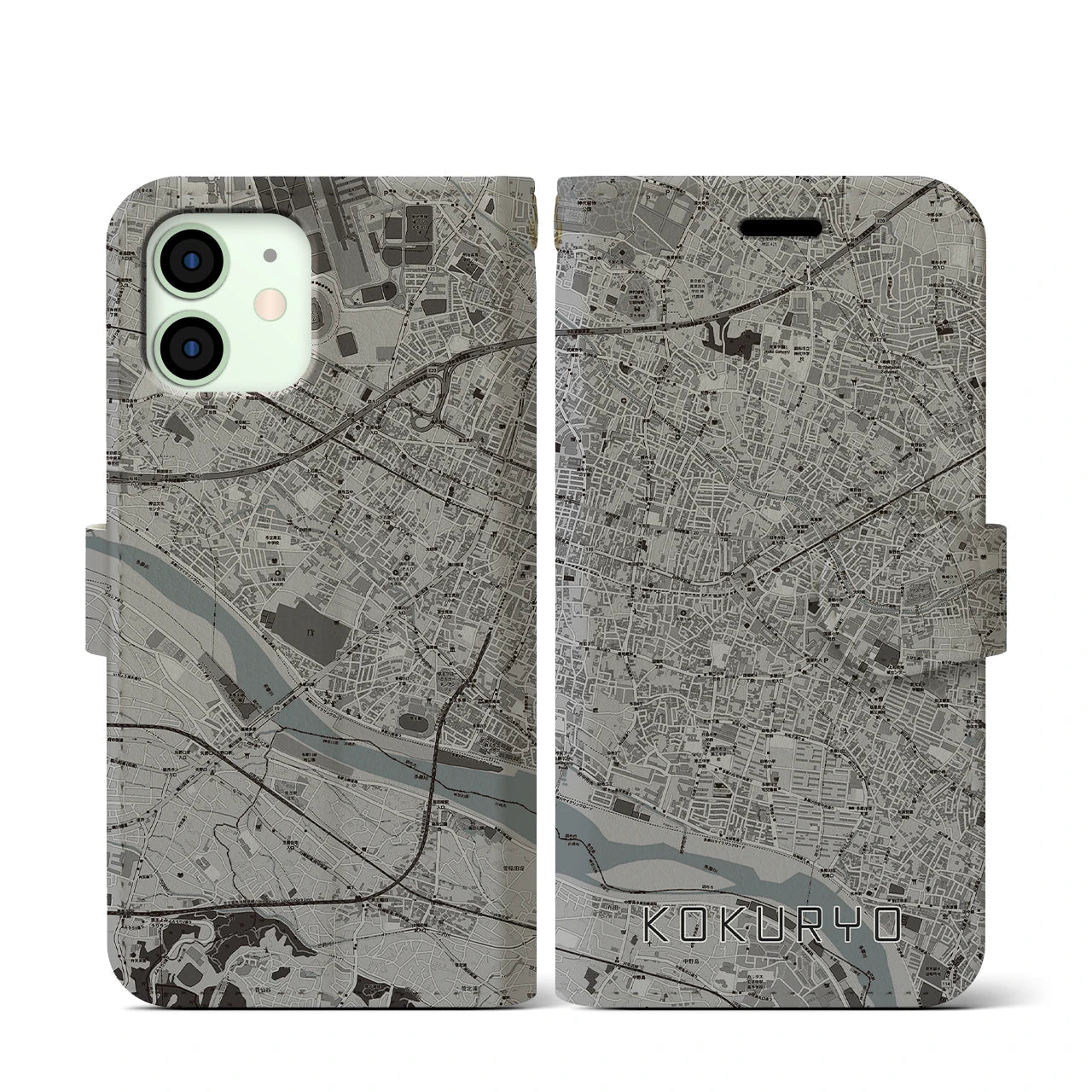 【国領(東京都)】地図柄iPhoneケース(手帳タイプ)モノトーン・iPhone 12 mini 用