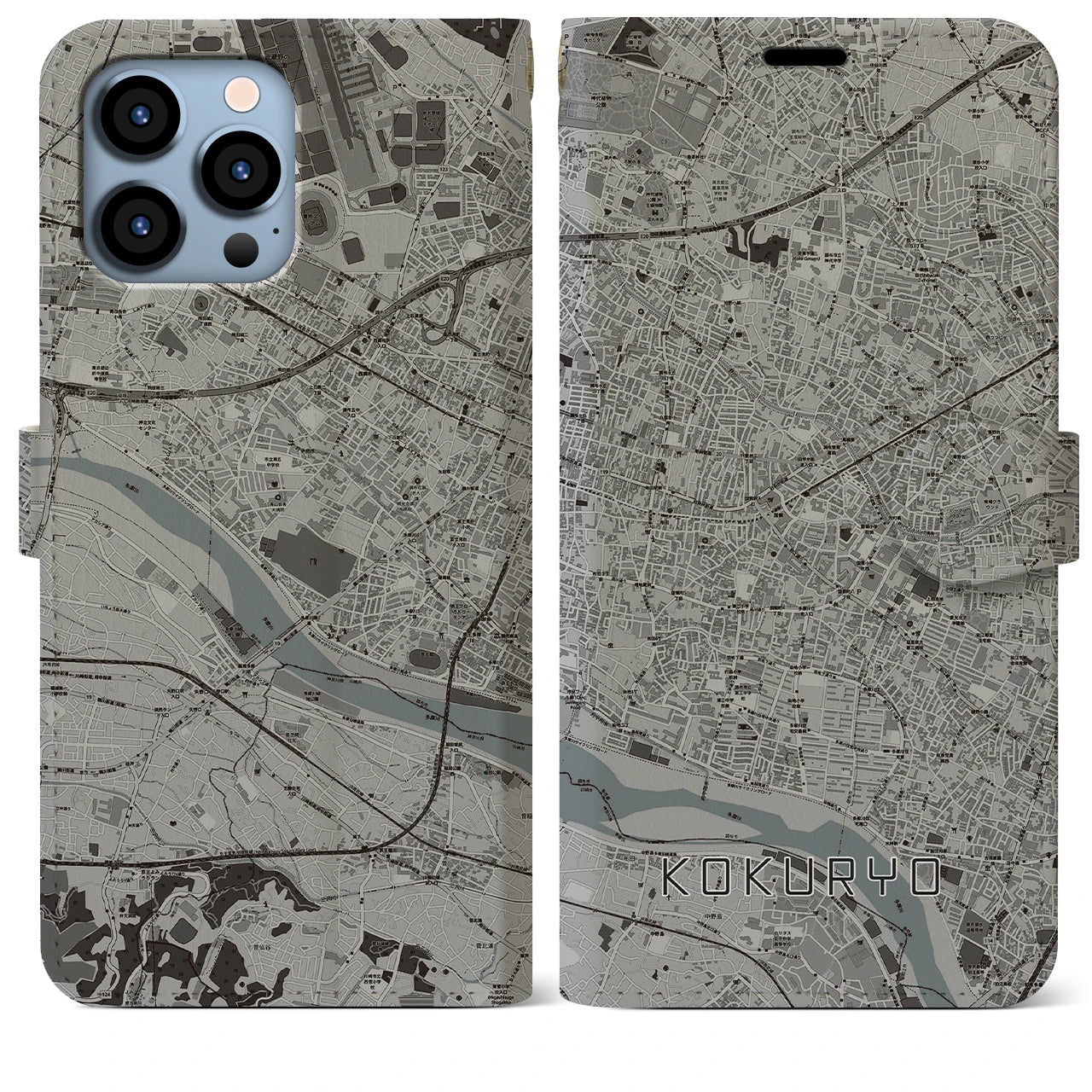 【国領(東京都)】地図柄iPhoneケース(手帳タイプ)モノトーン・iPhone 13 Pro Max 用