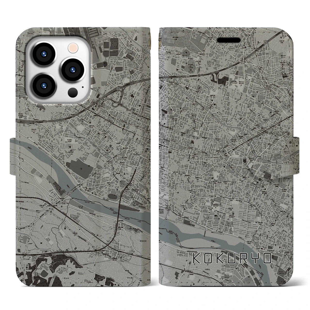 【国領(東京都)】地図柄iPhoneケース(手帳タイプ)モノトーン・iPhone 13 Pro 用