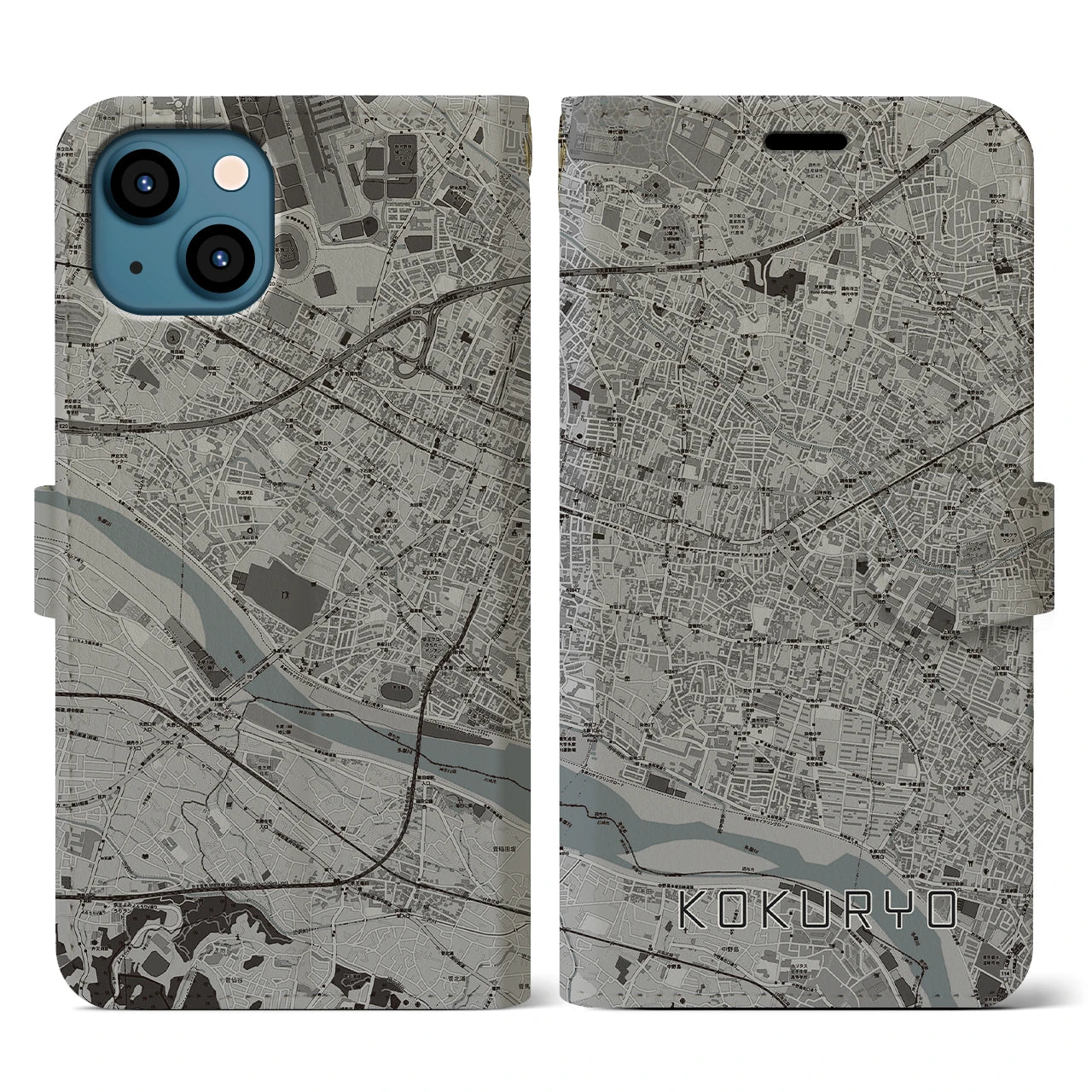【国領(東京都)】地図柄iPhoneケース(手帳タイプ)モノトーン・iPhone 13 用