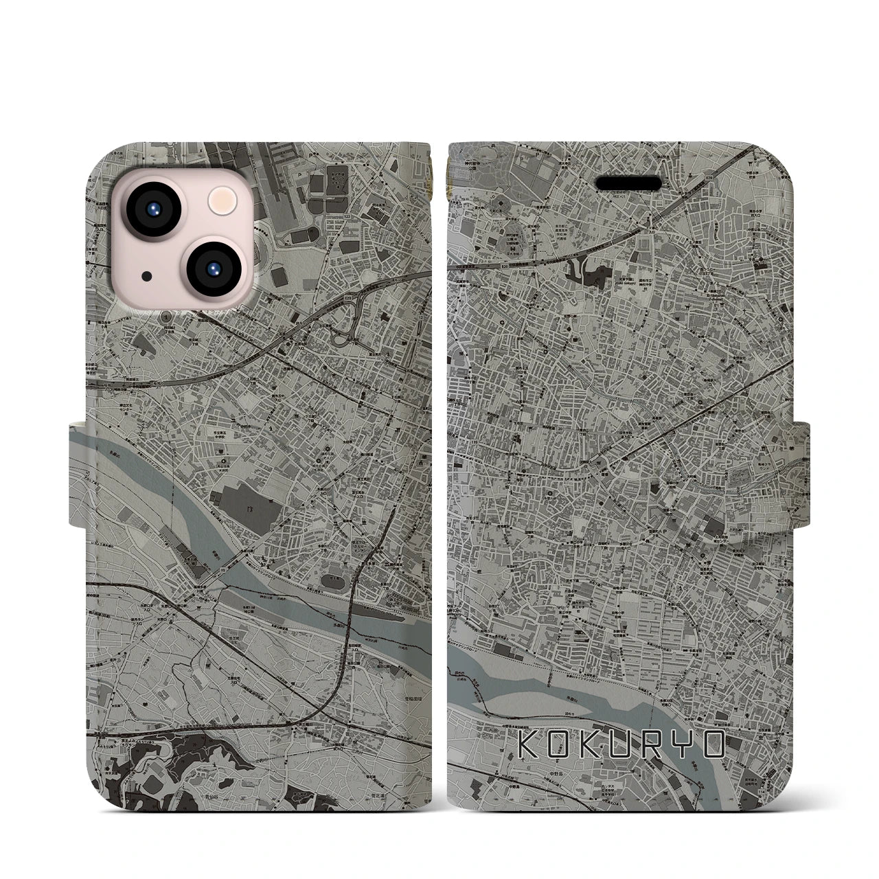 【国領(東京都)】地図柄iPhoneケース(手帳タイプ)モノトーン・iPhone 13 mini 用
