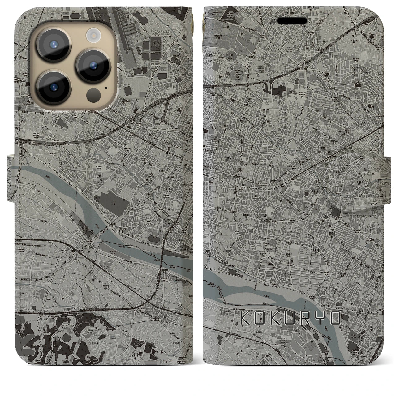 【国領(東京都)】地図柄iPhoneケース(手帳タイプ)モノトーン・iPhone 14 Pro Max 用