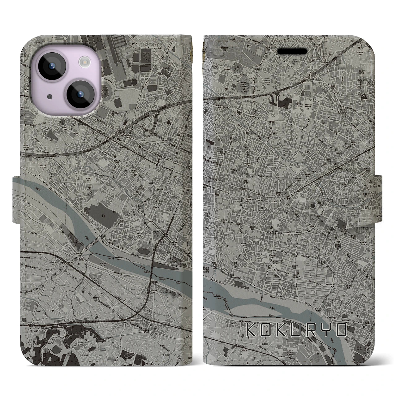 【国領(東京都)】地図柄iPhoneケース(手帳タイプ)モノトーン・iPhone 14 用