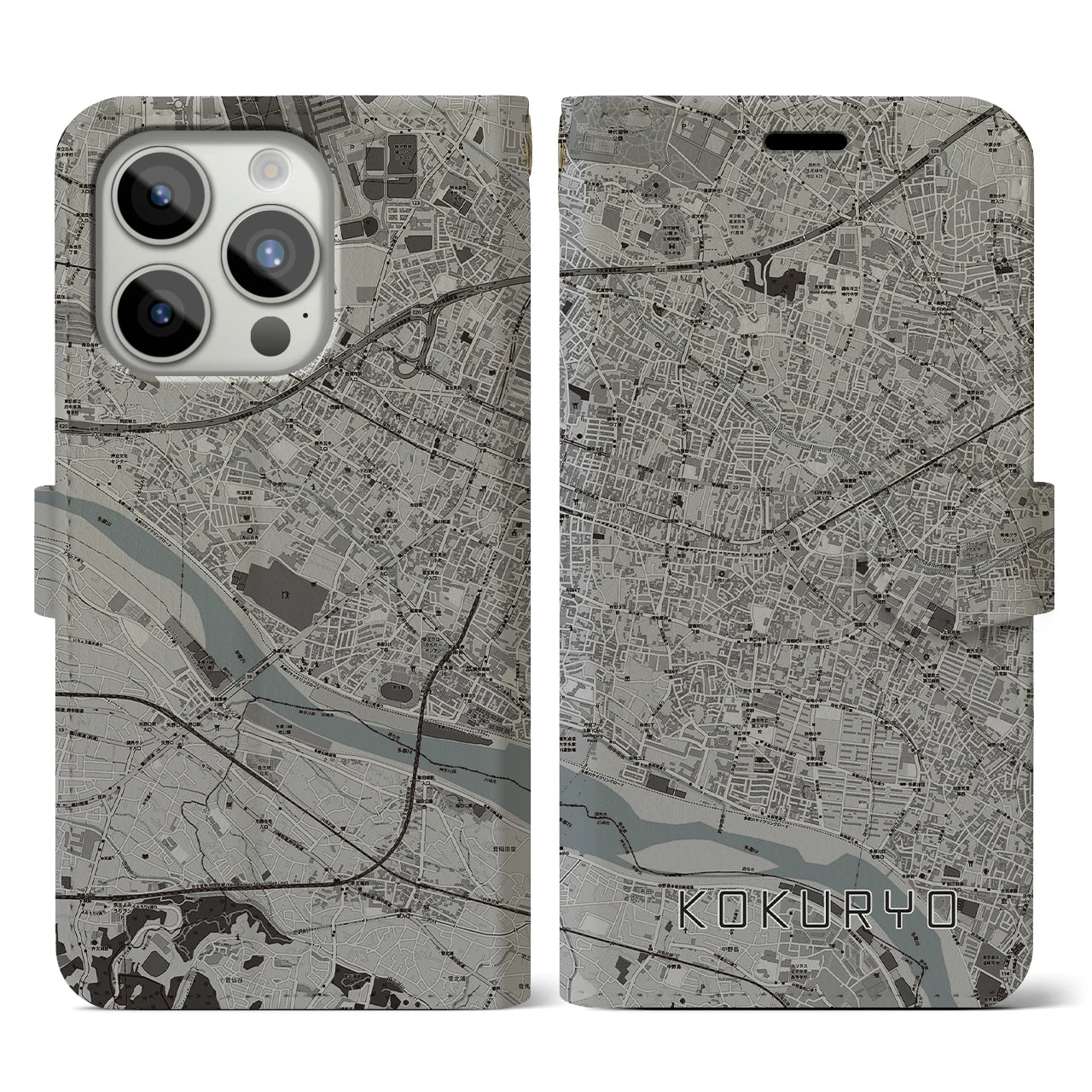 【国領(東京都)】地図柄iPhoneケース(手帳タイプ)モノトーン・iPhone 15 Pro 用