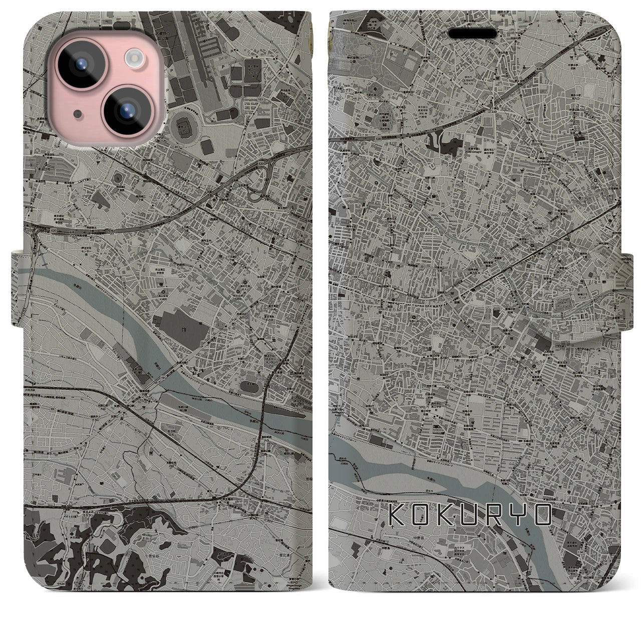 【国領(東京都)】地図柄iPhoneケース(手帳タイプ)モノトーン・iPhone 15 Plus 用