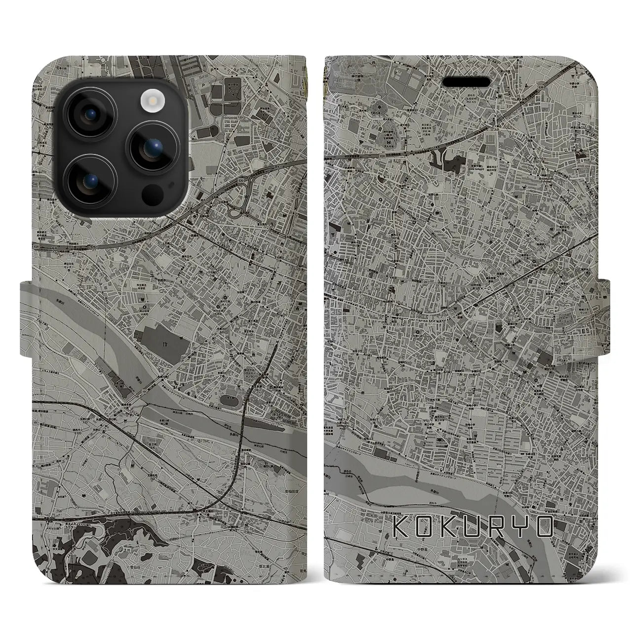 【国領(東京都)】地図柄iPhoneケース(手帳タイプ)モノトーン・iPhone 16 用
