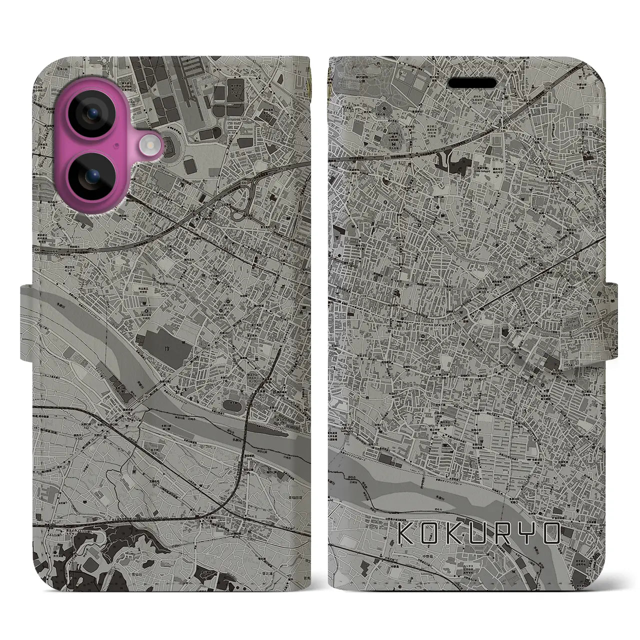 【国領(東京都)】地図柄iPhoneケース(手帳タイプ)モノトーン・iPhone 16 Pro 用