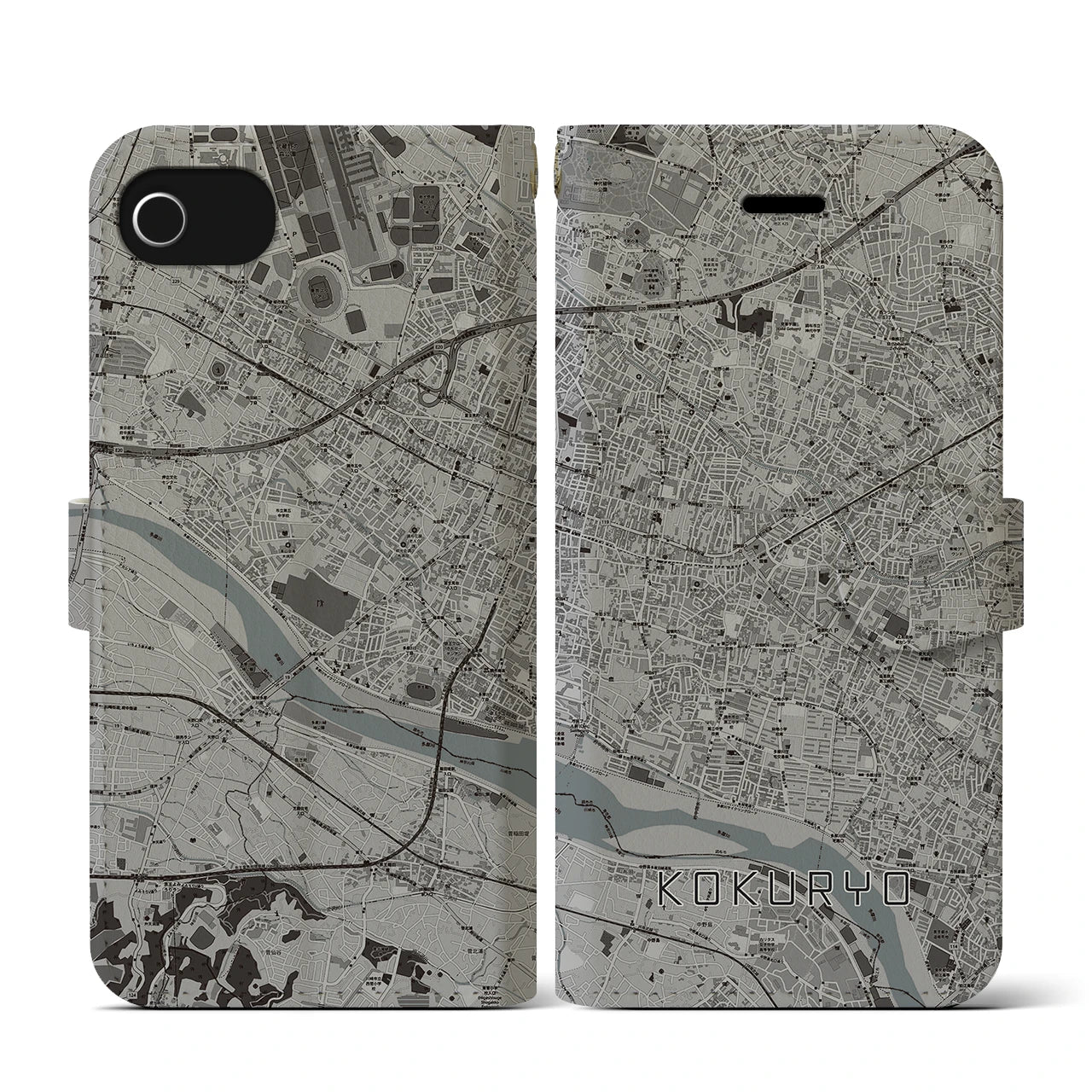 【国領(東京都)】地図柄iPhoneケース(手帳タイプ)モノトーン・iPhone SE(第3 / 第2世代) / 8 / 7 / 6s / 6 用