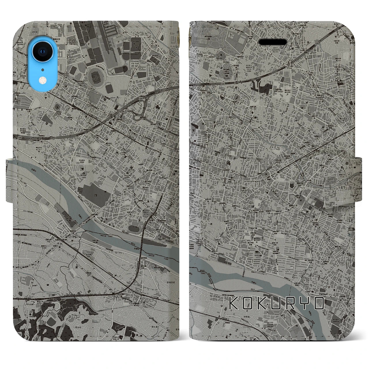 【国領(東京都)】地図柄iPhoneケース(手帳タイプ)モノトーン・iPhone XR 用