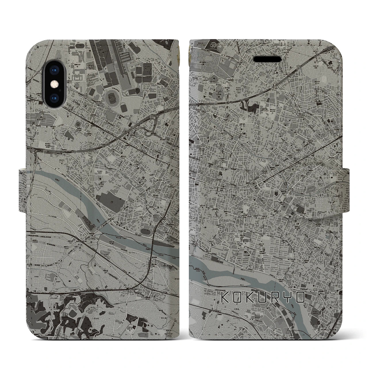 【国領(東京都)】地図柄iPhoneケース(手帳タイプ)モノトーン・iPhone XS / X 用