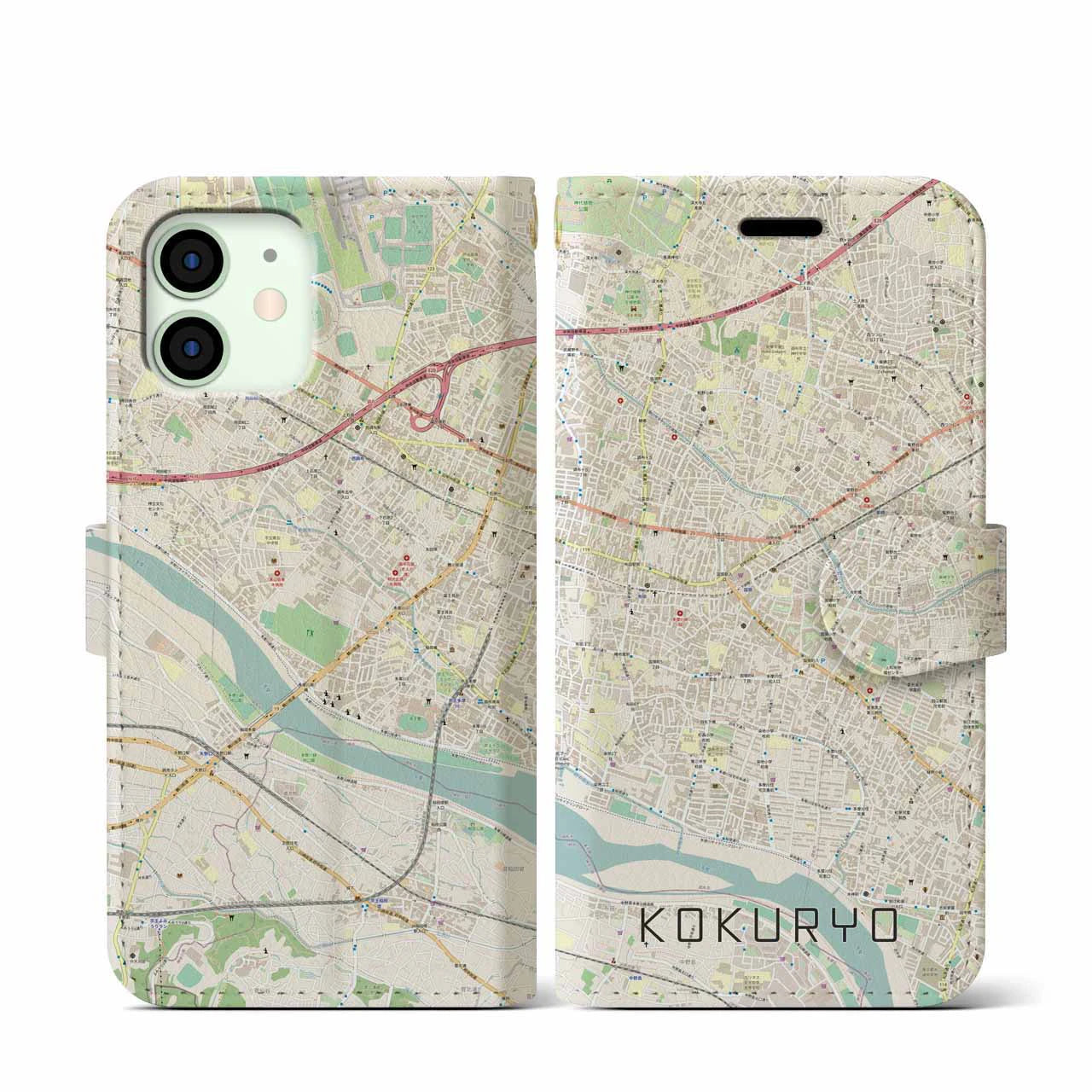 【国領(東京都)】地図柄iPhoneケース(手帳タイプ)ナチュラル・iPhone 12 mini 用