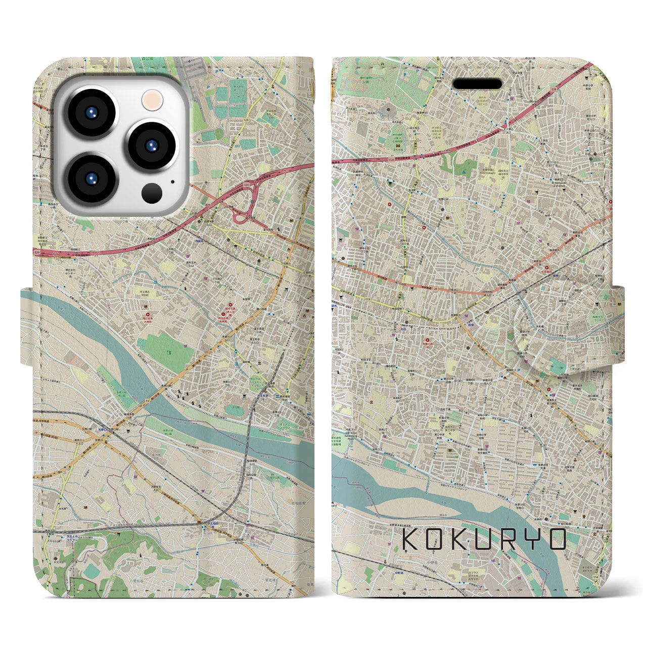 【国領(東京都)】地図柄iPhoneケース(手帳タイプ)ナチュラル・iPhone 13 Pro 用