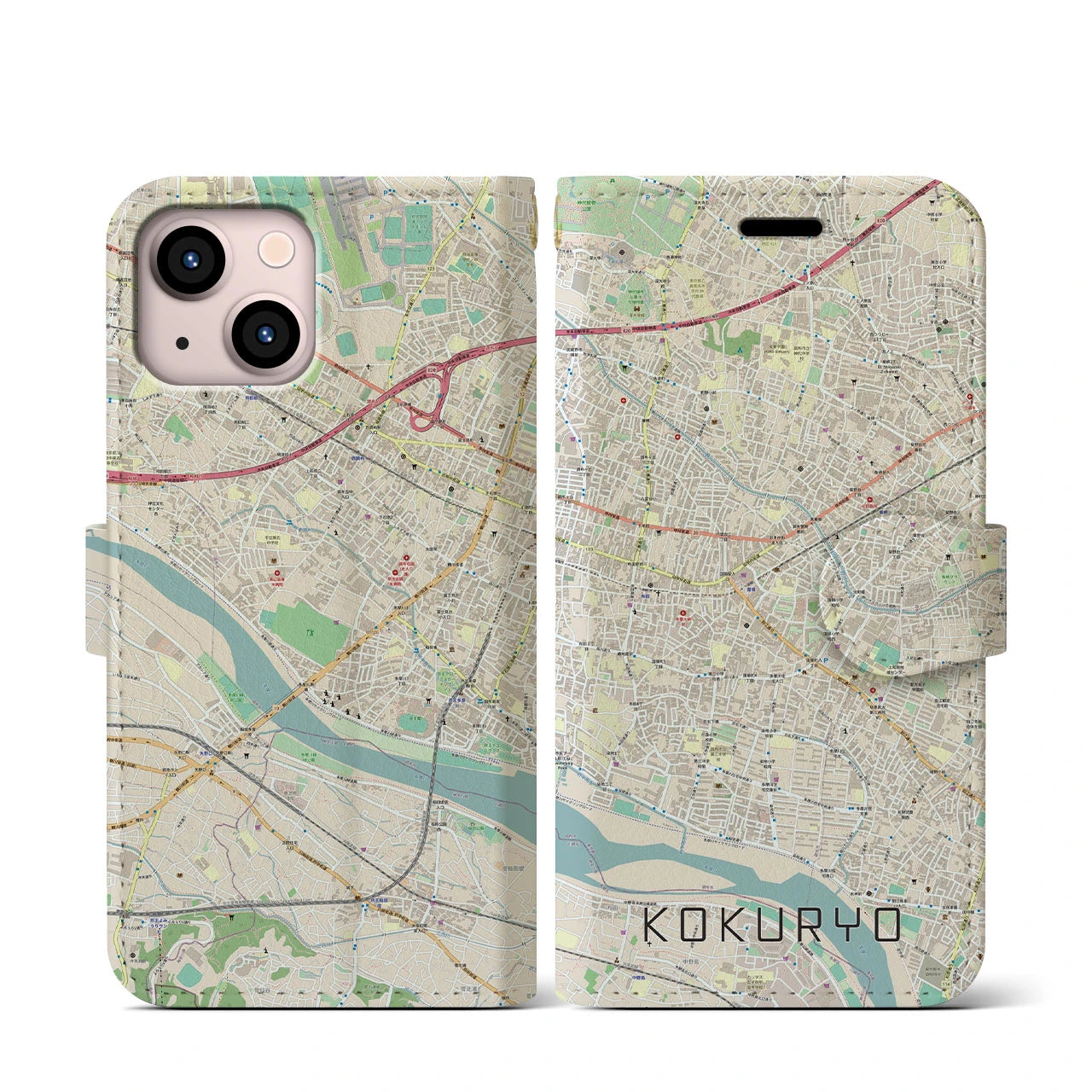 【国領(東京都)】地図柄iPhoneケース(手帳タイプ)ナチュラル・iPhone 13 mini 用