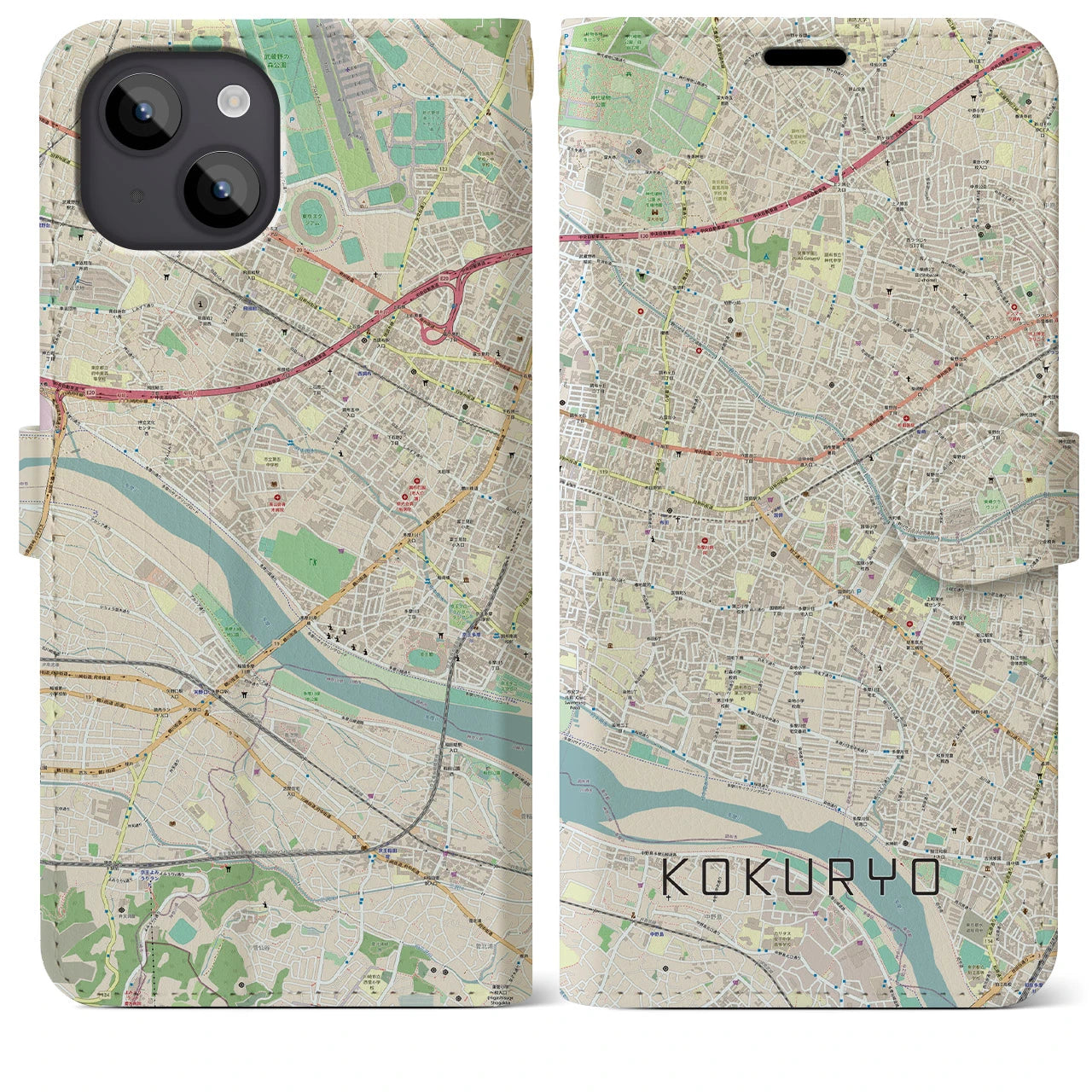 【国領(東京都)】地図柄iPhoneケース(手帳タイプ)ナチュラル・iPhone 14 Plus 用