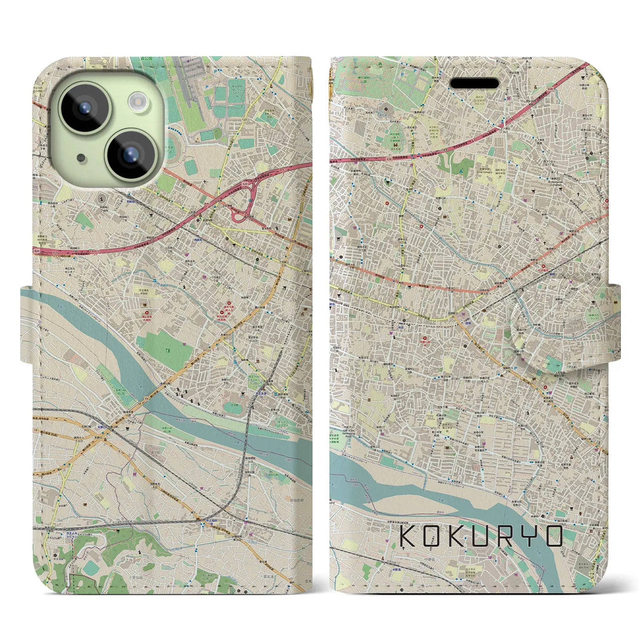 【国領(東京都)】地図柄iPhoneケース(手帳タイプ)ナチュラル・iPhone 15 用