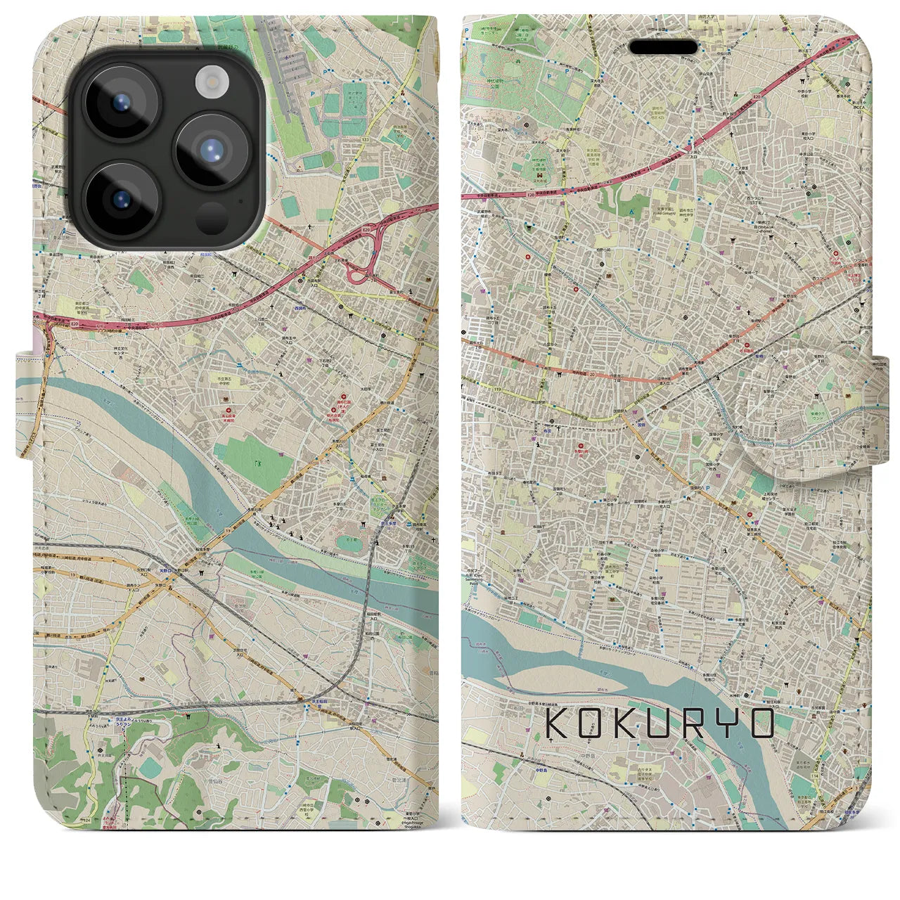 【国領(東京都)】地図柄iPhoneケース(手帳タイプ)ナチュラル・iPhone 15 Pro Max 用