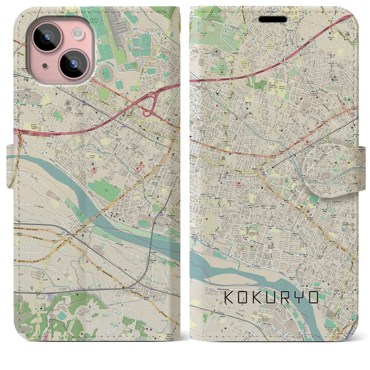 【国領(東京都)】地図柄iPhoneケース(手帳タイプ)ナチュラル・iPhone 15 Plus 用