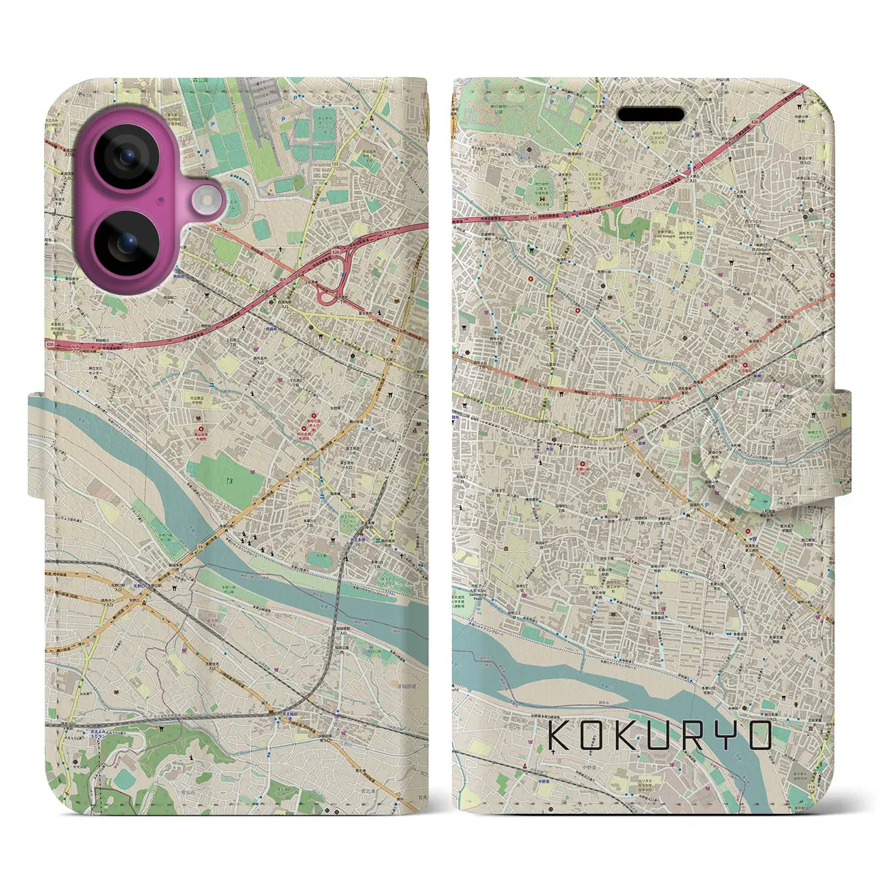 【国領(東京都)】地図柄iPhoneケース(手帳タイプ)ナチュラル・iPhone 16 Pro 用