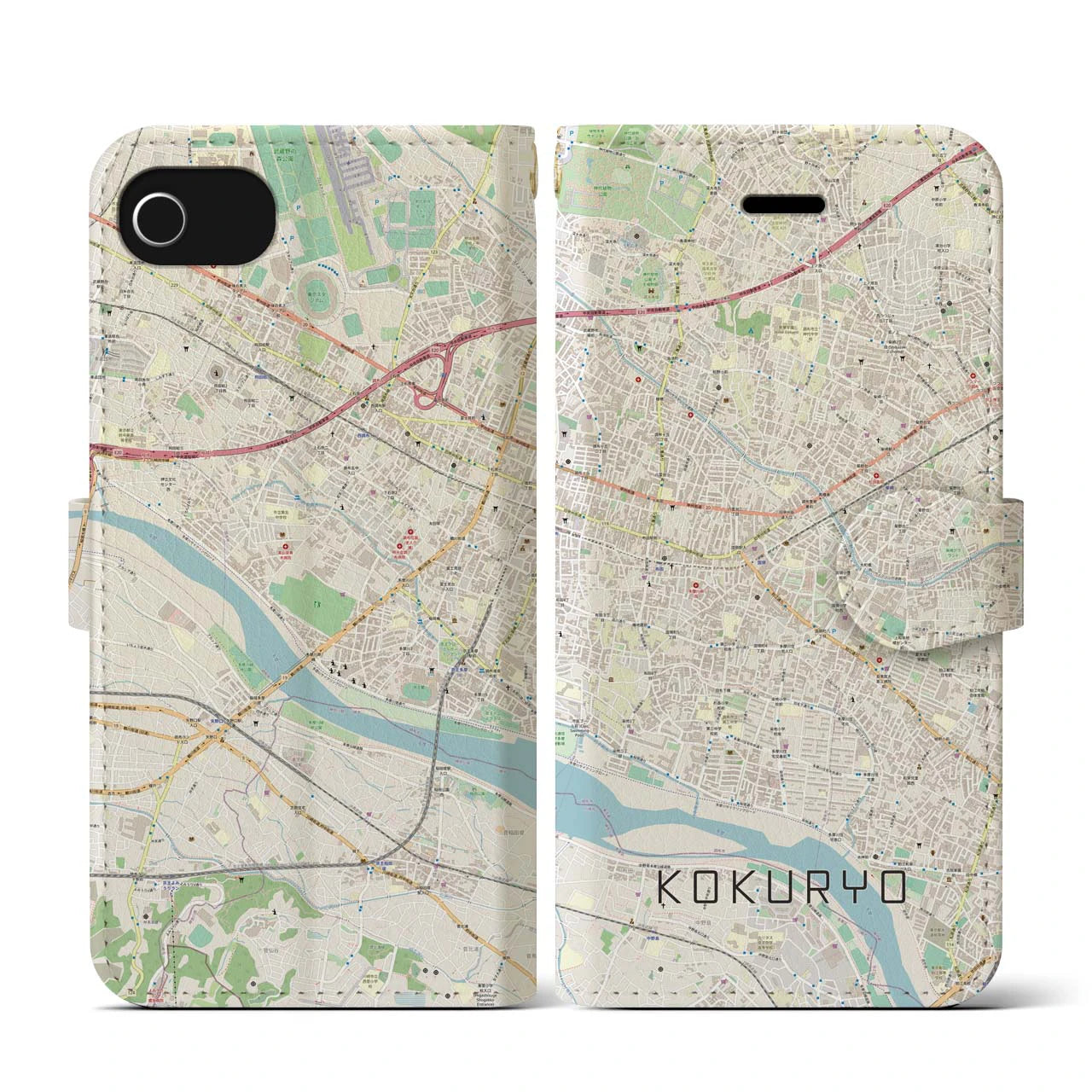 【国領(東京都)】地図柄iPhoneケース(手帳タイプ)ナチュラル・iPhone SE(第3 / 第2世代) / 8 / 7 / 6s / 6 用