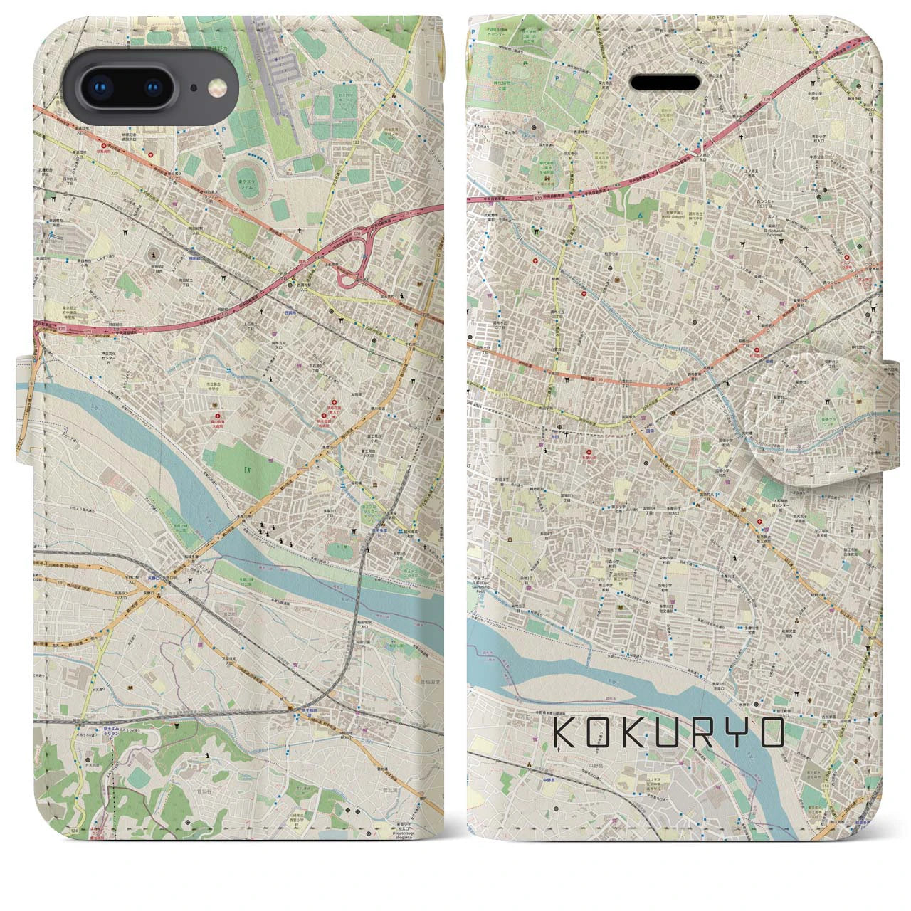 【国領(東京都)】地図柄iPhoneケース(手帳タイプ)ナチュラル・iPhone 8Plus /7Plus / 6sPlus / 6Plus 用