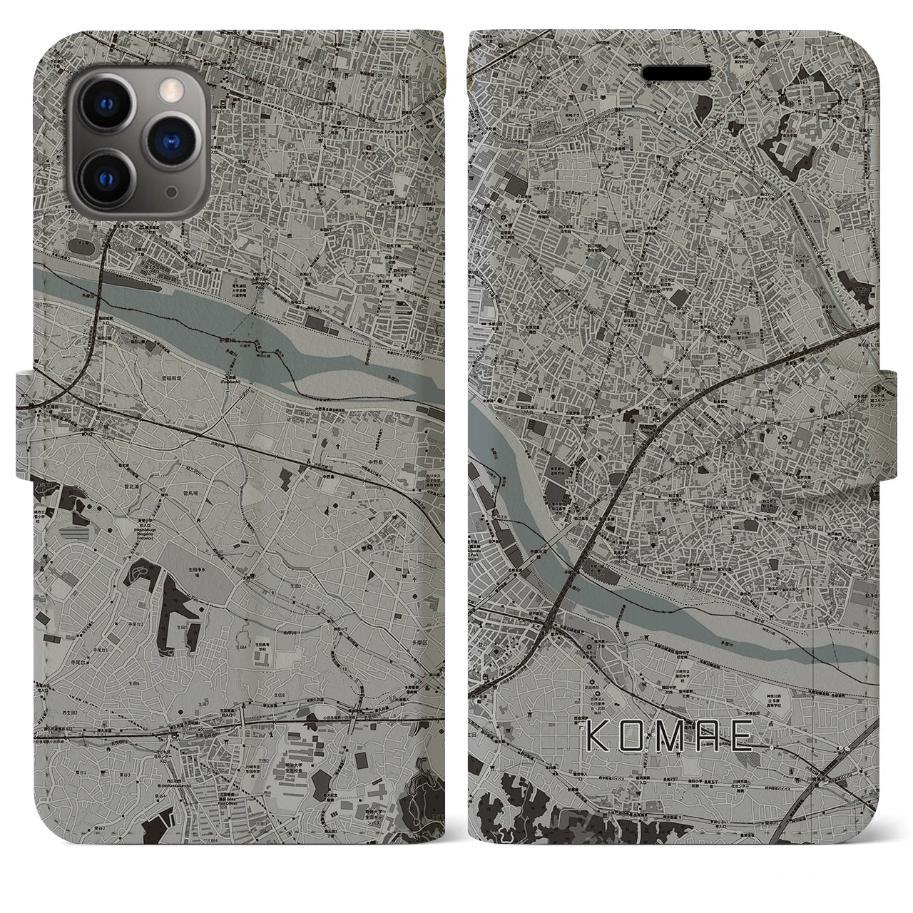 【狛江(東京都)】地図柄iPhoneケース(手帳タイプ)モノトーン・iPhone 11 Pro Max 用