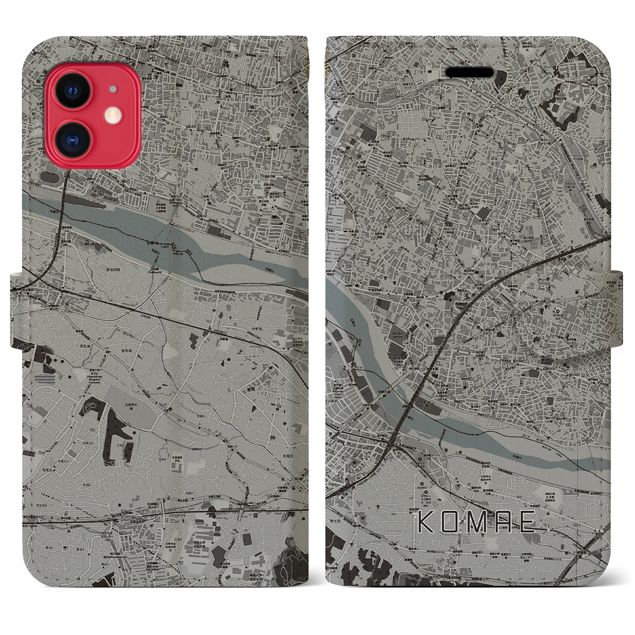 【狛江(東京都)】地図柄iPhoneケース(手帳タイプ)モノトーン・iPhone 11 用