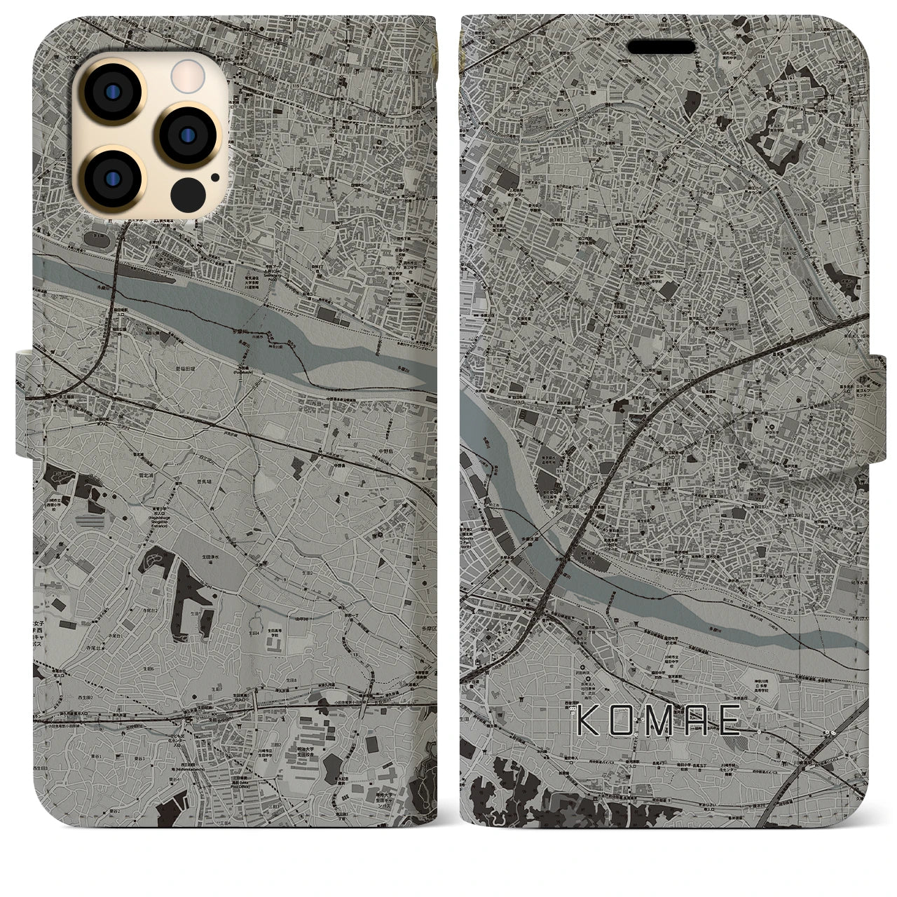 【狛江(東京都)】地図柄iPhoneケース(手帳タイプ)モノトーン・iPhone 12 Pro Max 用