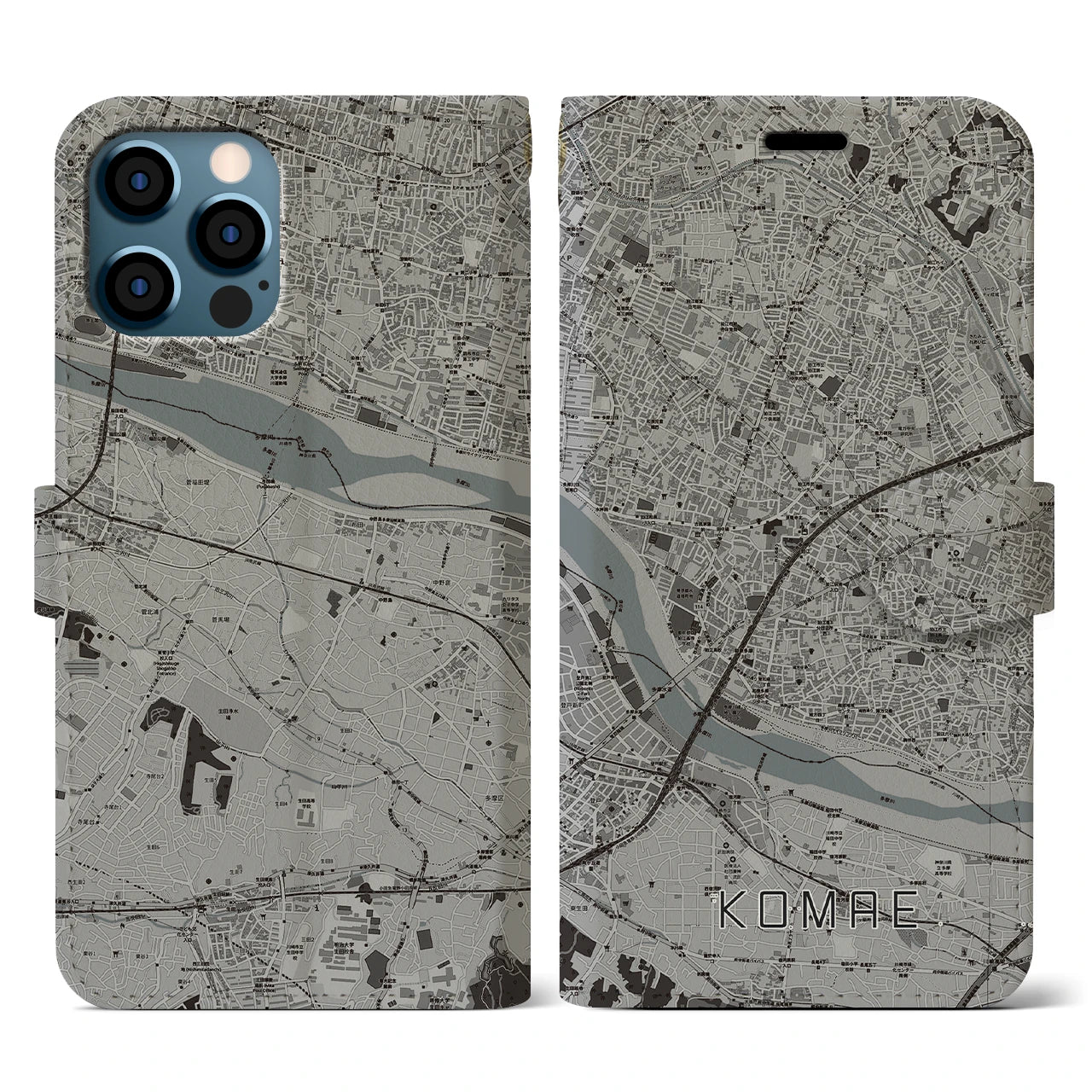 【狛江(東京都)】地図柄iPhoneケース(手帳タイプ)モノトーン・iPhone 12 / 12 Pro 用