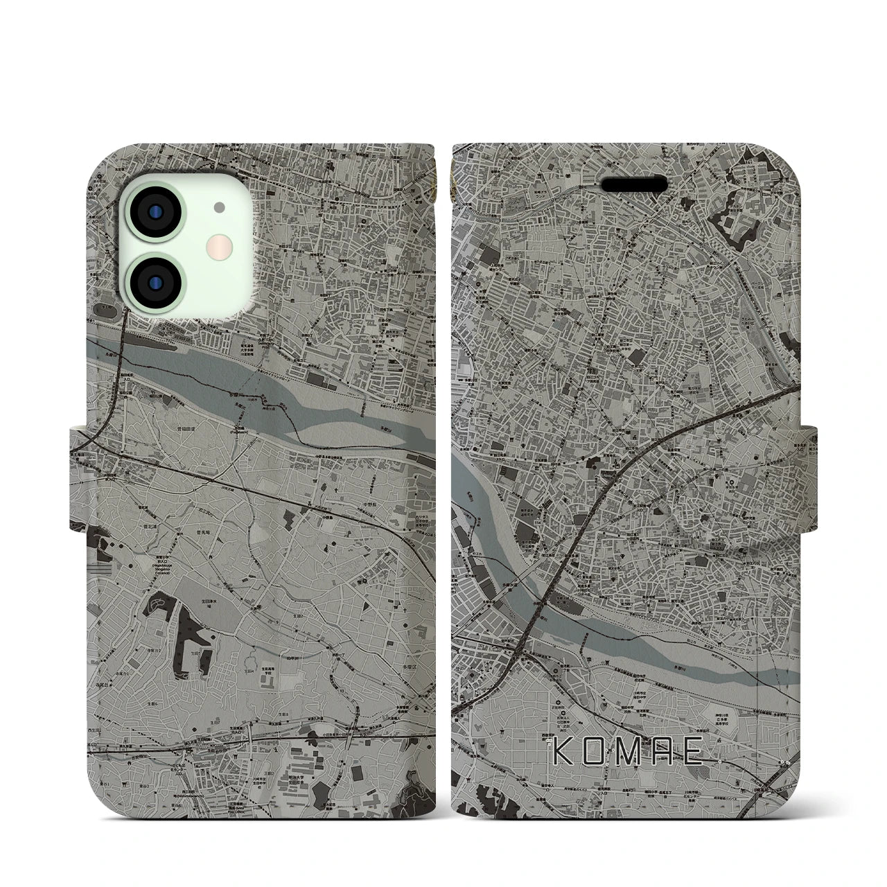【狛江(東京都)】地図柄iPhoneケース(手帳タイプ)モノトーン・iPhone 12 mini 用