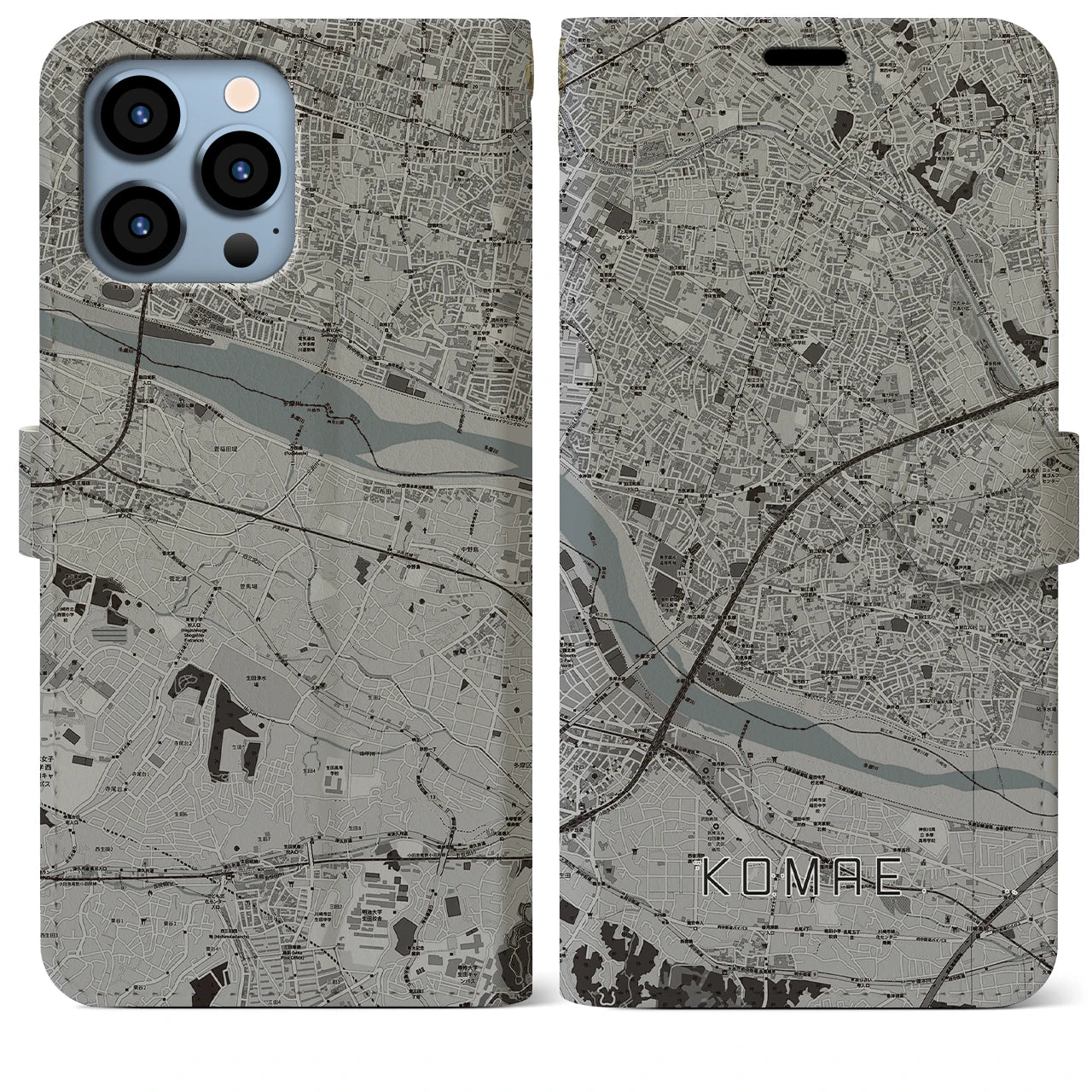 【狛江(東京都)】地図柄iPhoneケース(手帳タイプ)モノトーン・iPhone 13 Pro Max 用