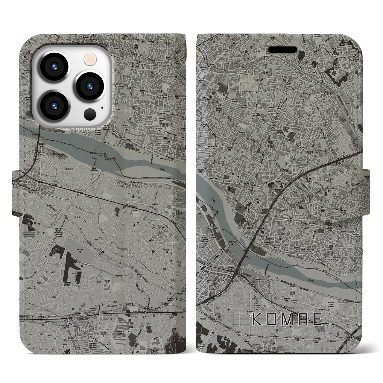 【狛江(東京都)】地図柄iPhoneケース(手帳タイプ)モノトーン・iPhone 13 Pro 用