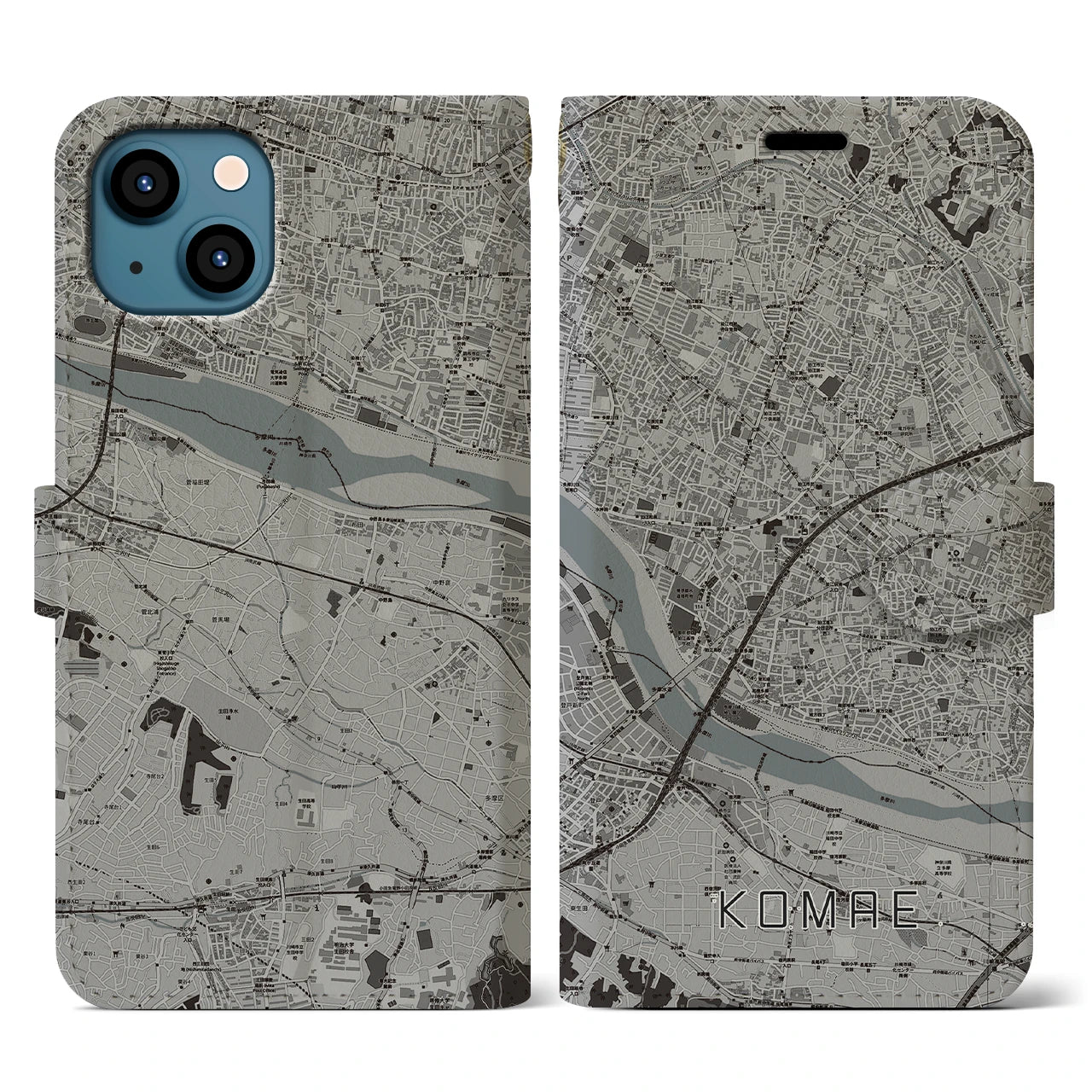 【狛江(東京都)】地図柄iPhoneケース(手帳タイプ)モノトーン・iPhone 13 用