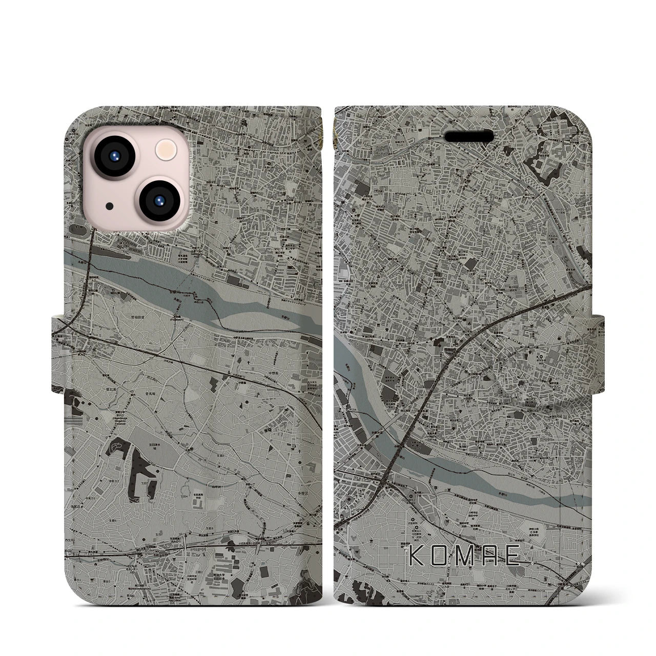 【狛江(東京都)】地図柄iPhoneケース(手帳タイプ)モノトーン・iPhone 13 mini 用