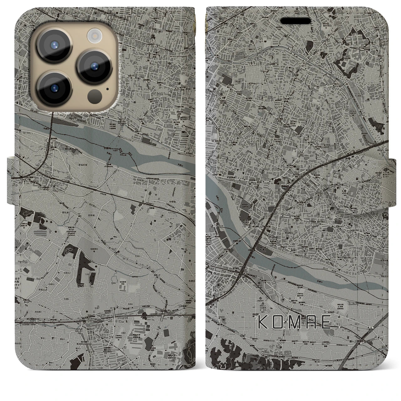 【狛江(東京都)】地図柄iPhoneケース(手帳タイプ)モノトーン・iPhone 14 Pro Max 用