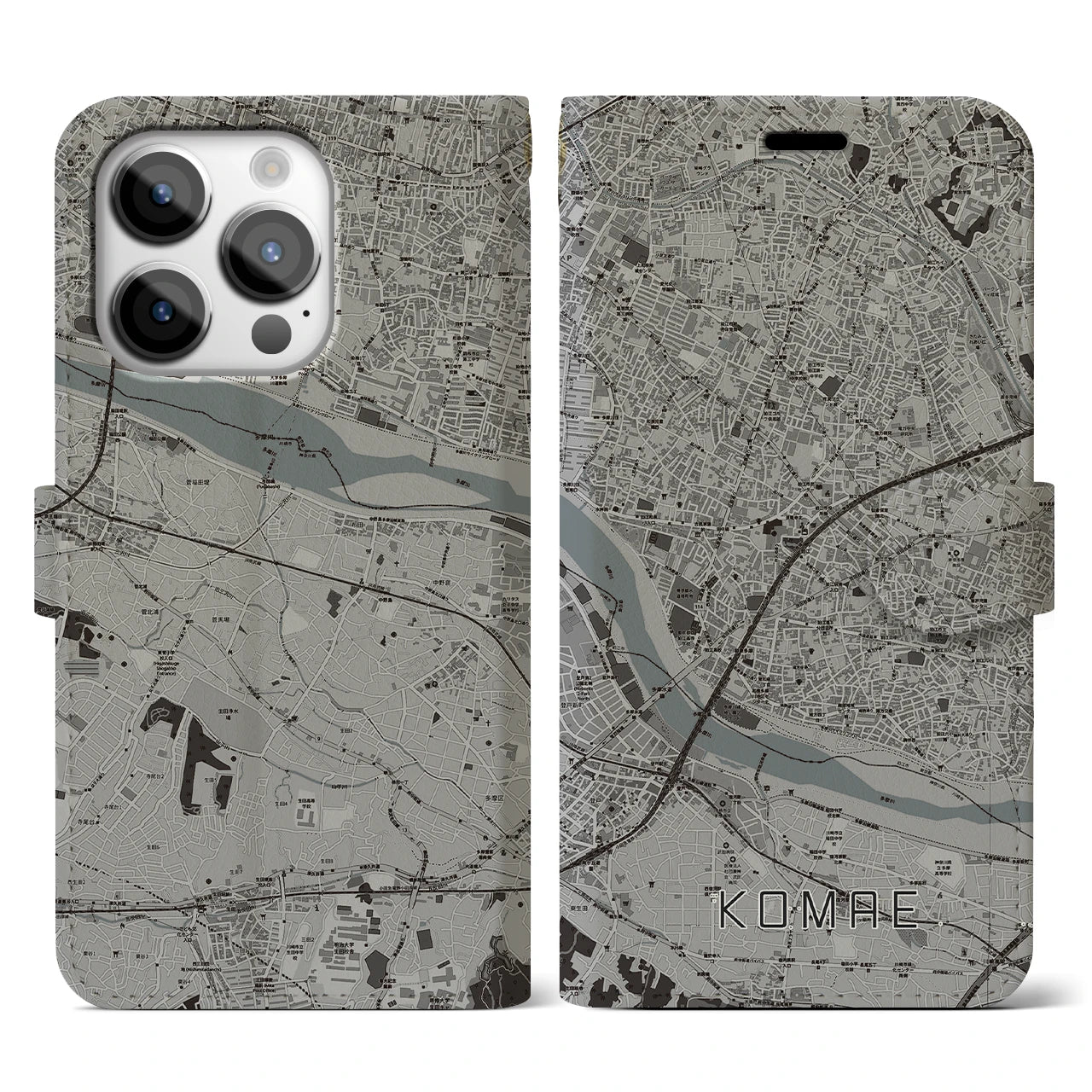 【狛江(東京都)】地図柄iPhoneケース(手帳タイプ)モノトーン・iPhone 14 Pro 用