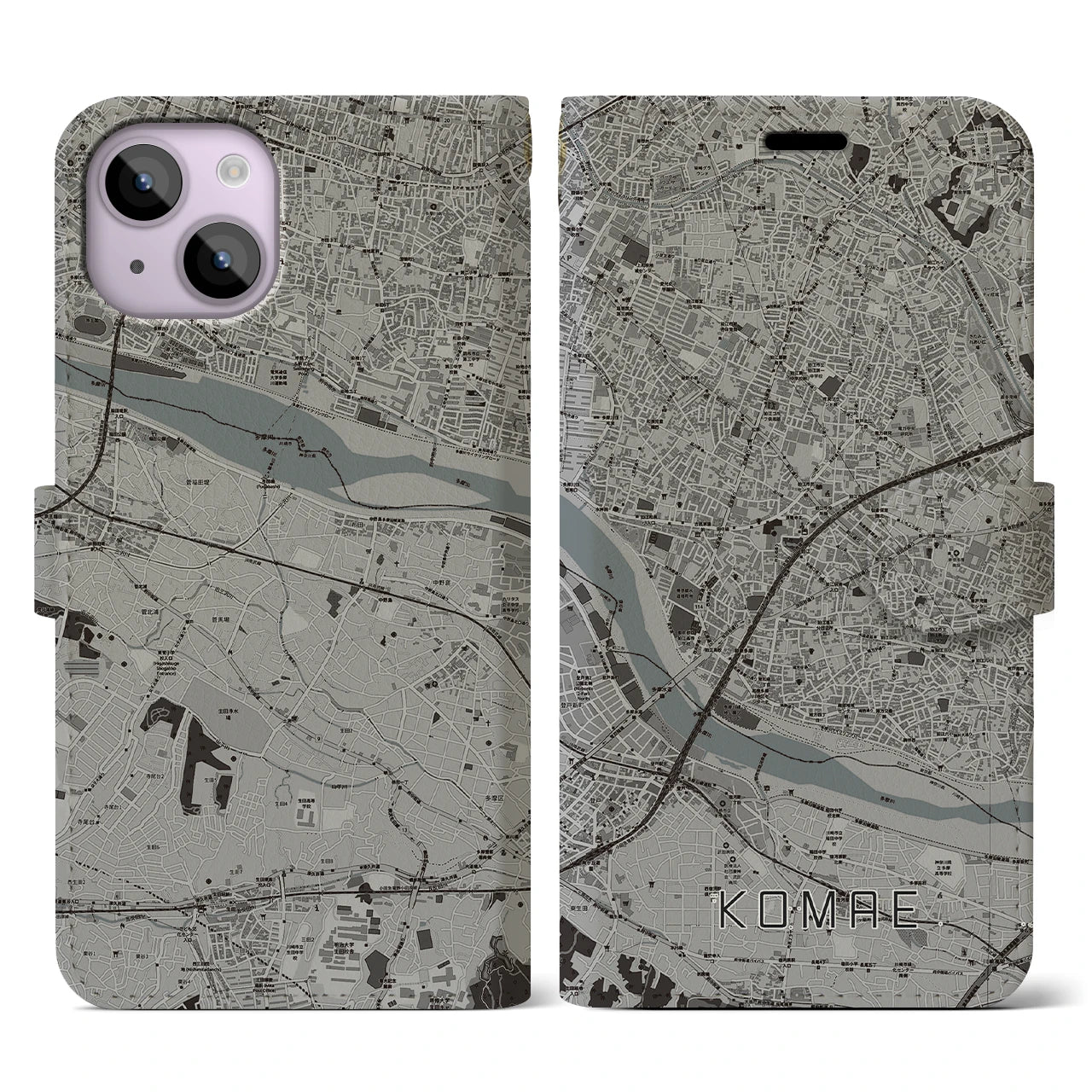 【狛江(東京都)】地図柄iPhoneケース(手帳タイプ)モノトーン・iPhone 14 用