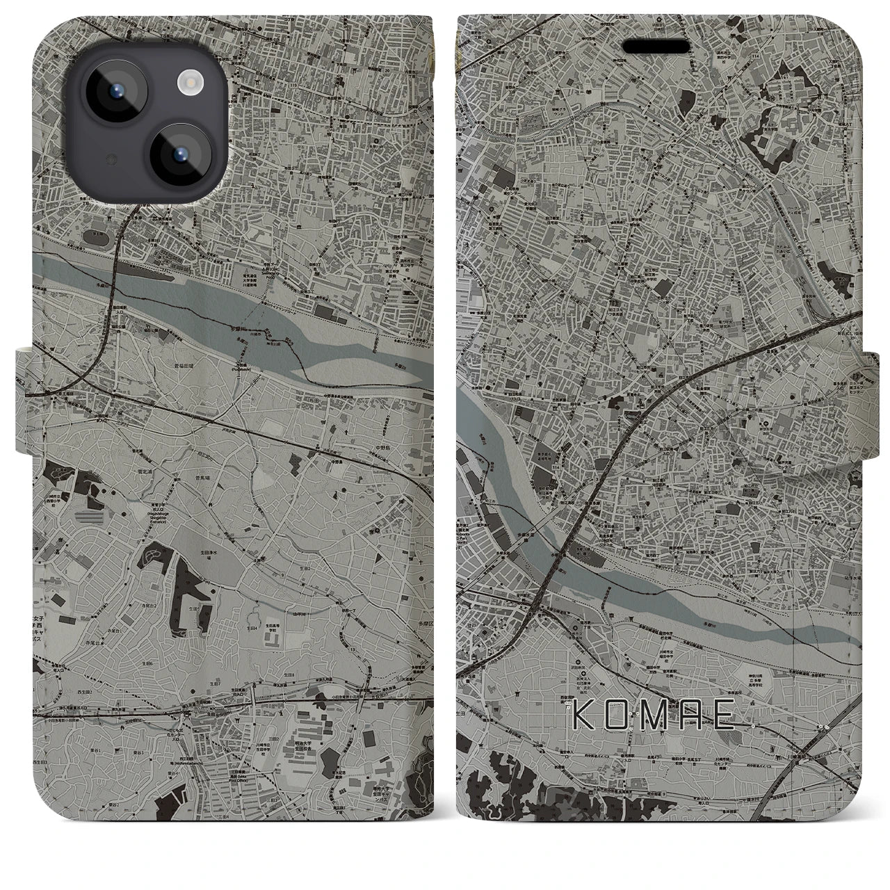 【狛江(東京都)】地図柄iPhoneケース(手帳タイプ)モノトーン・iPhone 14 Plus 用