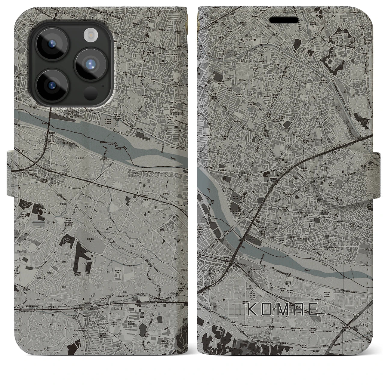 【狛江(東京都)】地図柄iPhoneケース(手帳タイプ)モノトーン・iPhone 15 Pro Max 用