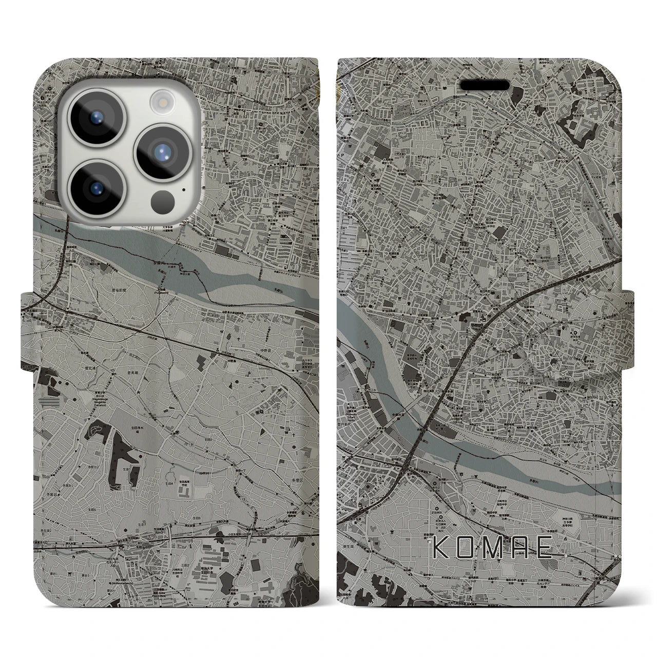 【狛江(東京都)】地図柄iPhoneケース(手帳タイプ)モノトーン・iPhone 15 Pro 用