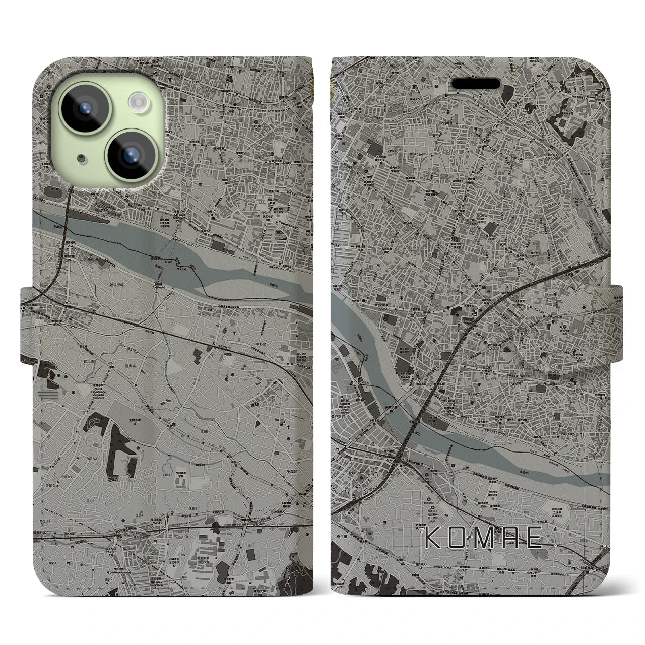 【狛江(東京都)】地図柄iPhoneケース(手帳タイプ)モノトーン・iPhone 15 用