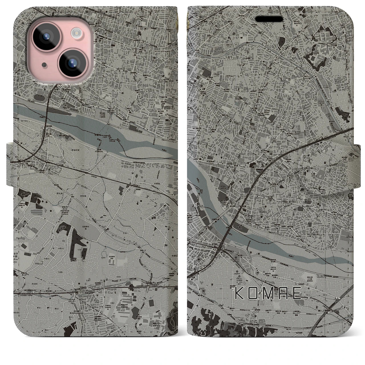 【狛江(東京都)】地図柄iPhoneケース(手帳タイプ)モノトーン・iPhone 15 Plus 用