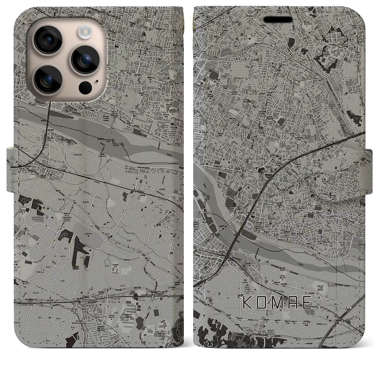 【狛江(東京都)】地図柄iPhoneケース(手帳タイプ)モノトーン・iPhone 16 Plus 用