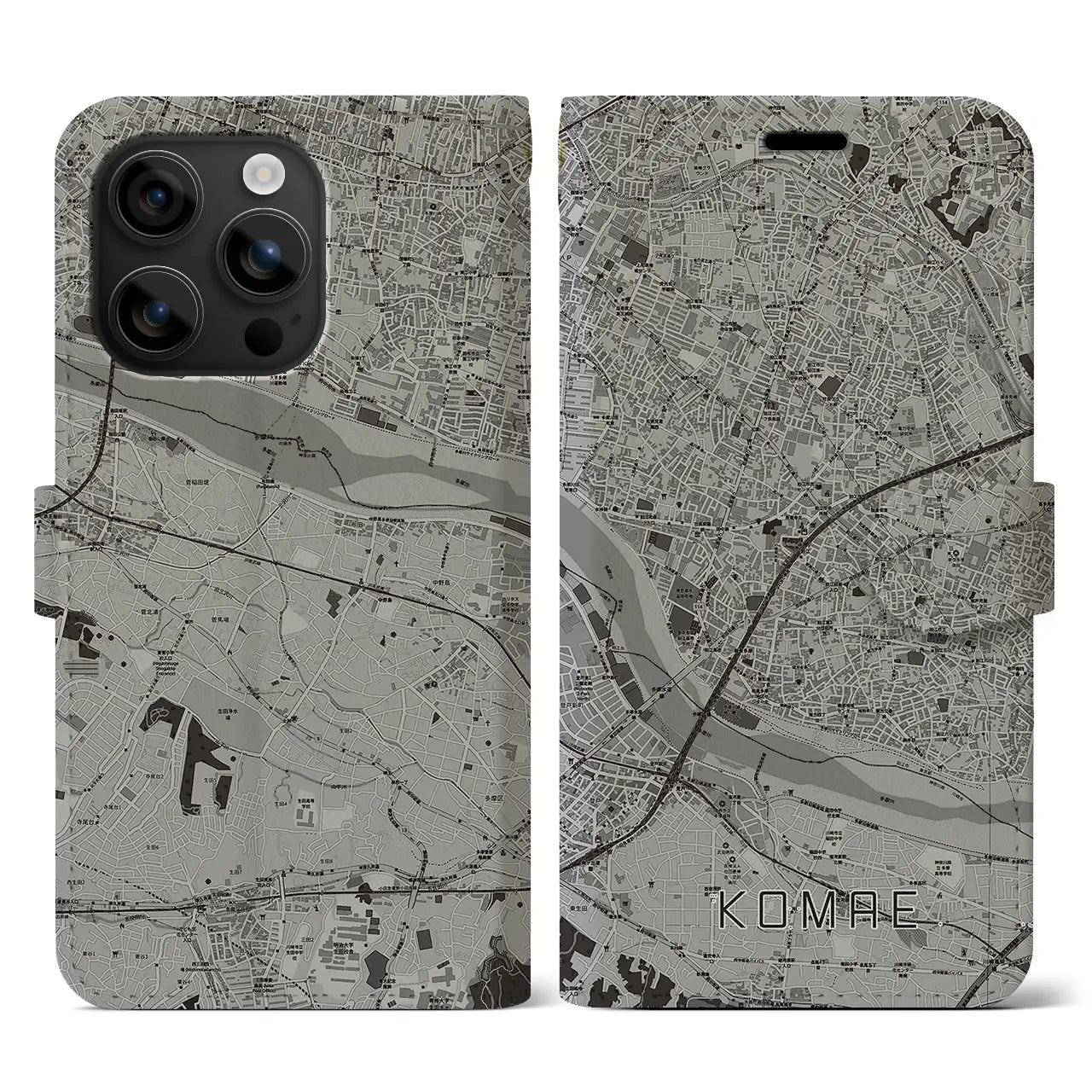 【狛江(東京都)】地図柄iPhoneケース(手帳タイプ)モノトーン・iPhone 16 用