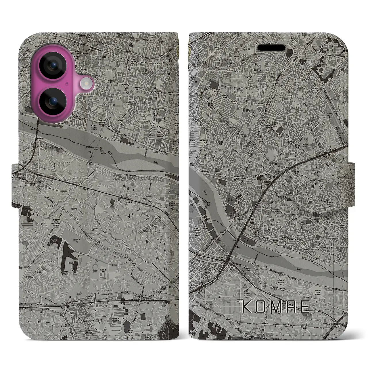 【狛江(東京都)】地図柄iPhoneケース(手帳タイプ)モノトーン・iPhone 16 Pro 用