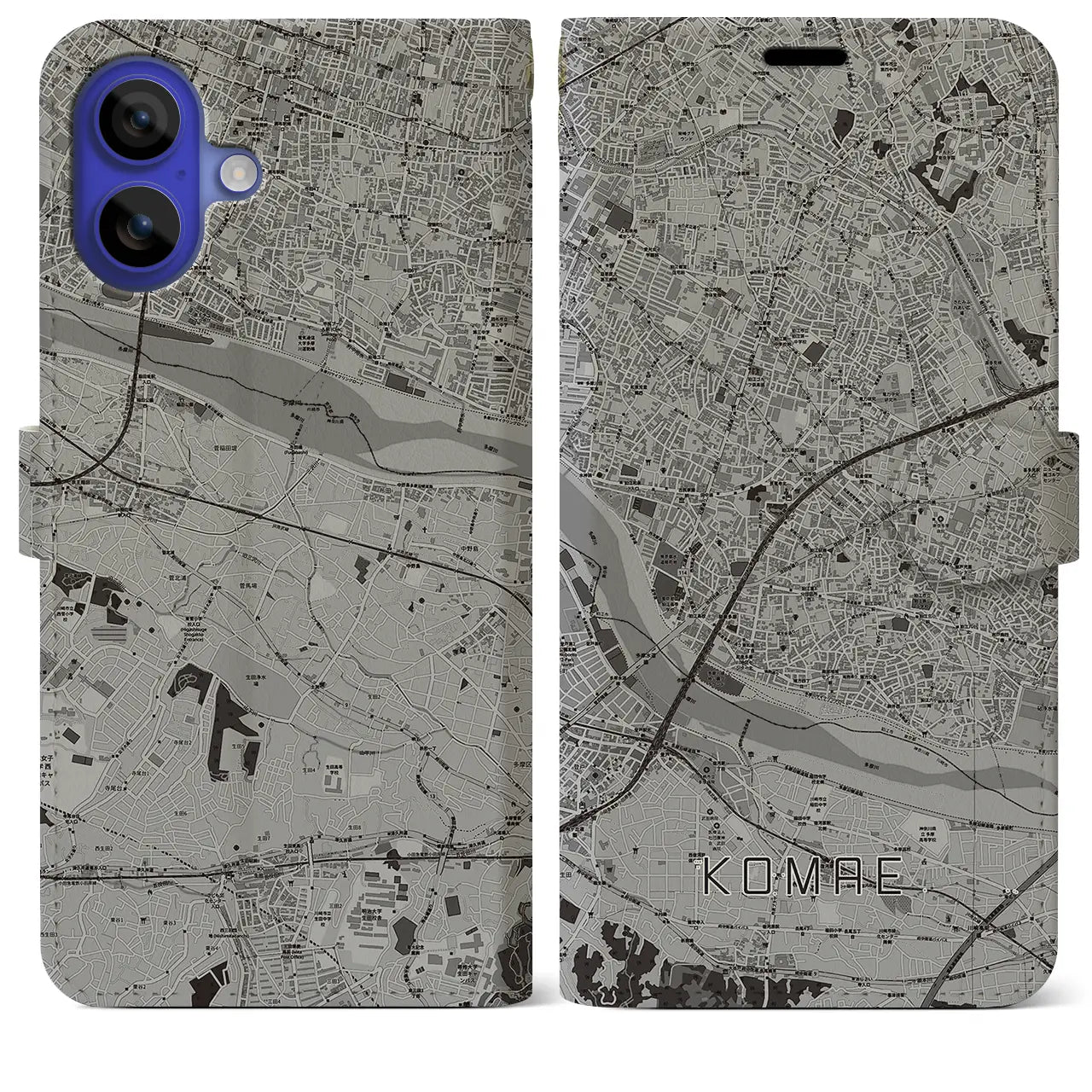【狛江(東京都)】地図柄iPhoneケース(手帳タイプ)モノトーン・iPhone 16 Pro Max 用