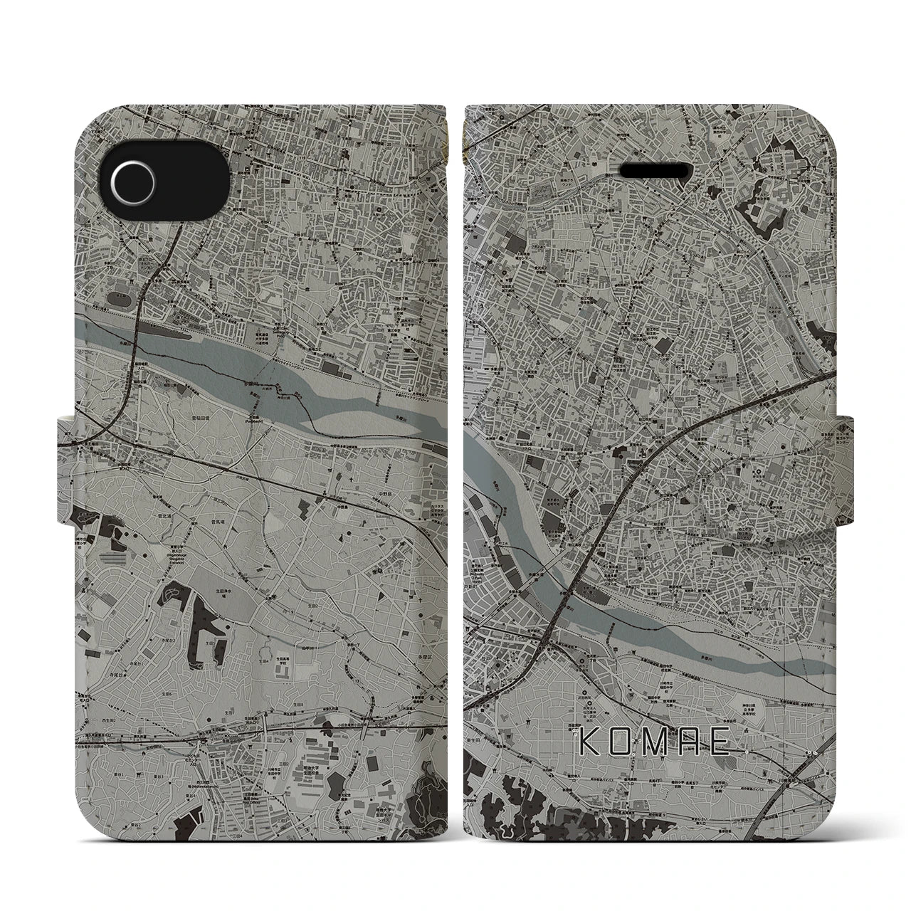 【狛江(東京都)】地図柄iPhoneケース(手帳タイプ)モノトーン・iPhone SE(第3 / 第2世代) / 8 / 7 / 6s / 6 用