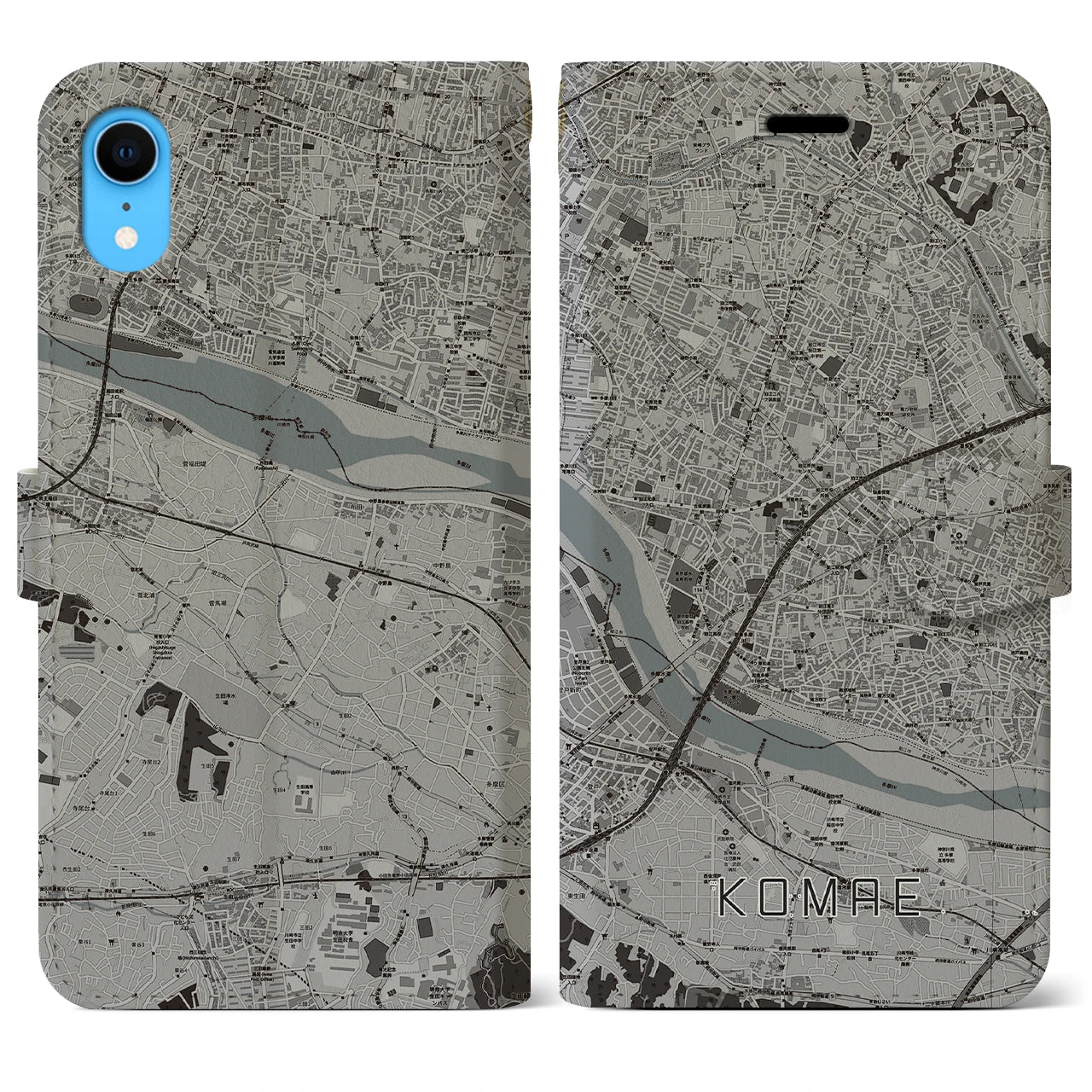 【狛江(東京都)】地図柄iPhoneケース(手帳タイプ)モノトーン・iPhone XR 用