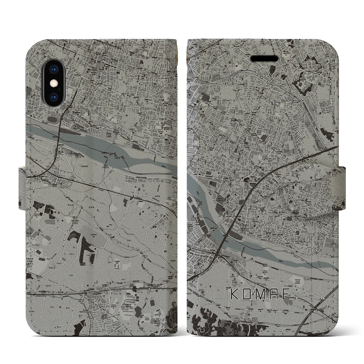 【狛江(東京都)】地図柄iPhoneケース(手帳タイプ)モノトーン・iPhone XS / X 用