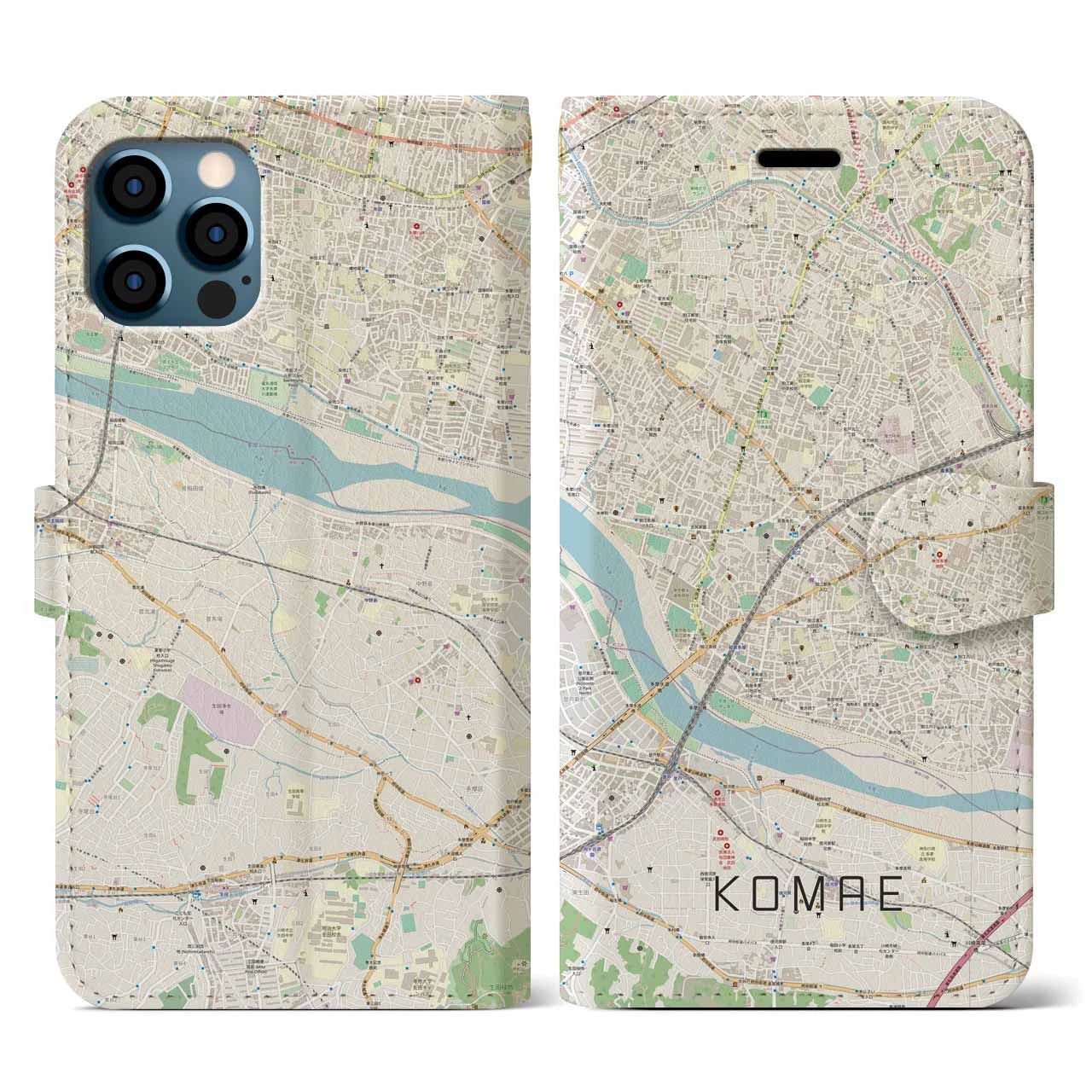 【狛江(東京都)】地図柄iPhoneケース(手帳タイプ)ナチュラル・iPhone 12 / 12 Pro 用