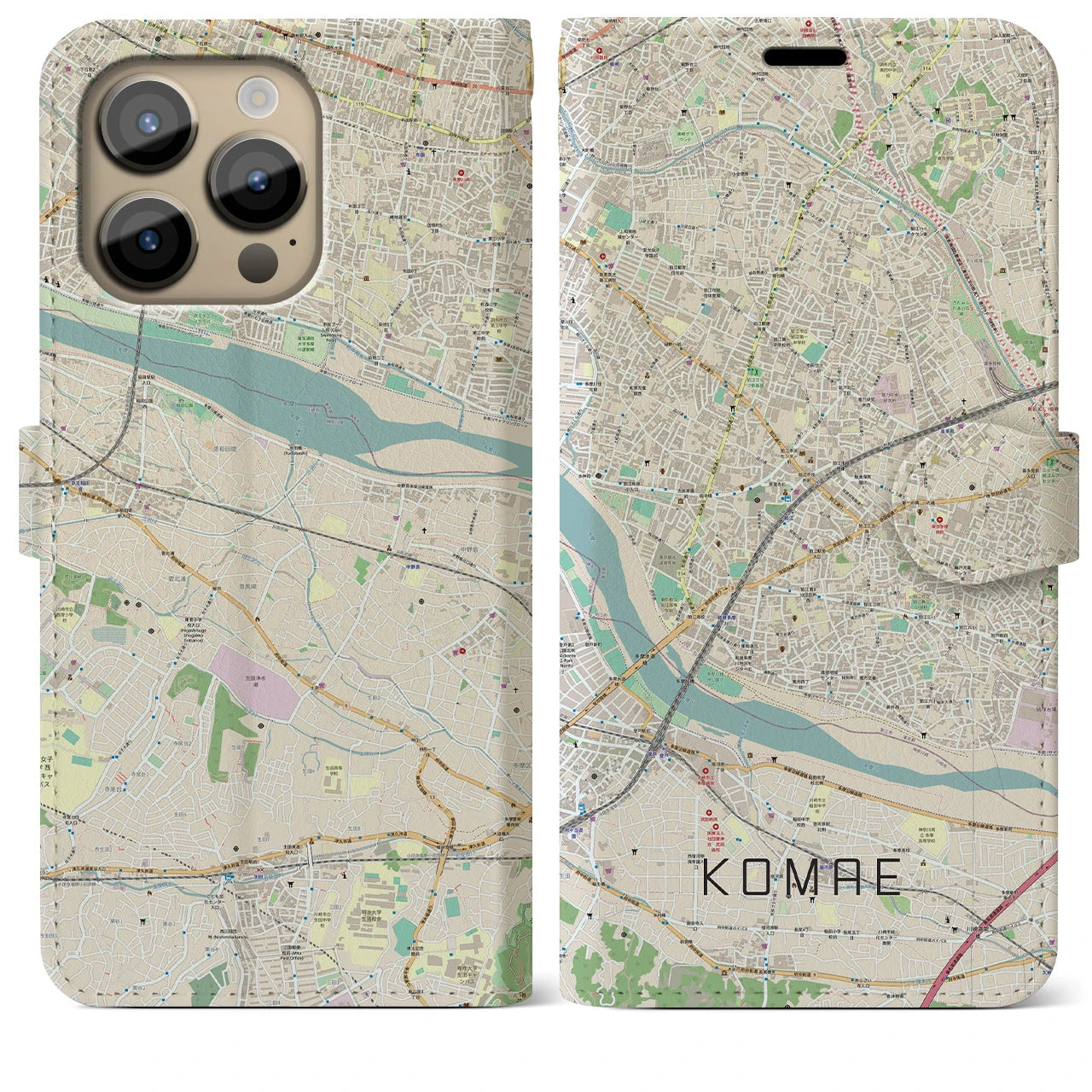 【狛江(東京都)】地図柄iPhoneケース(手帳タイプ)ナチュラル・iPhone 14 Pro Max 用